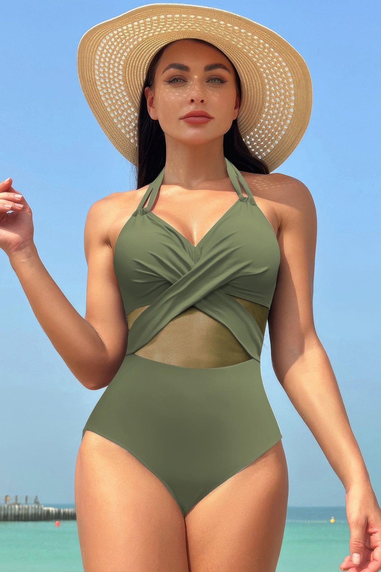 Color Block Halter Cross Lace One Piece Swimsuit product image
