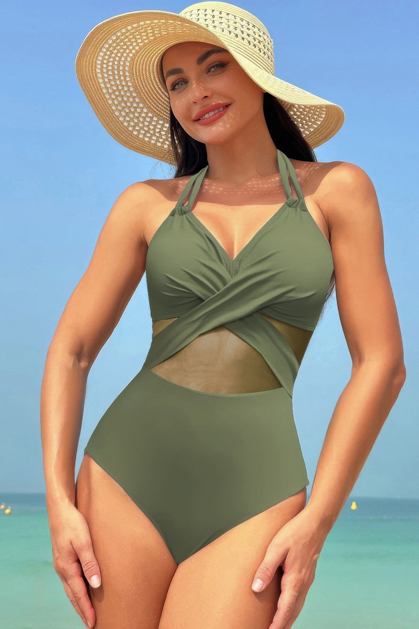 Color Block Halter Cross Lace One Piece Swimsuit product image