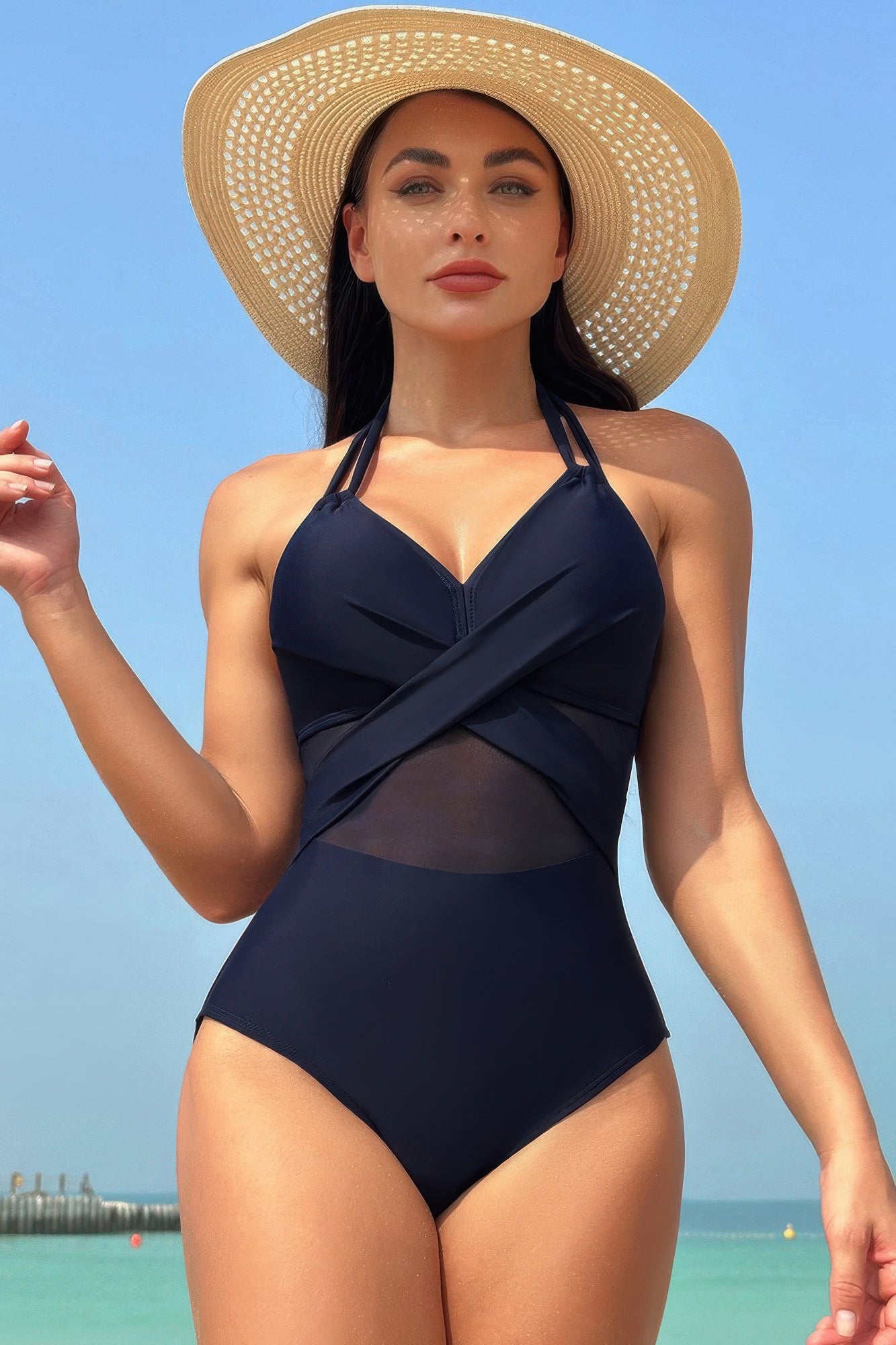 Color Block Halter Cross Lace One Piece Swimsuit product image