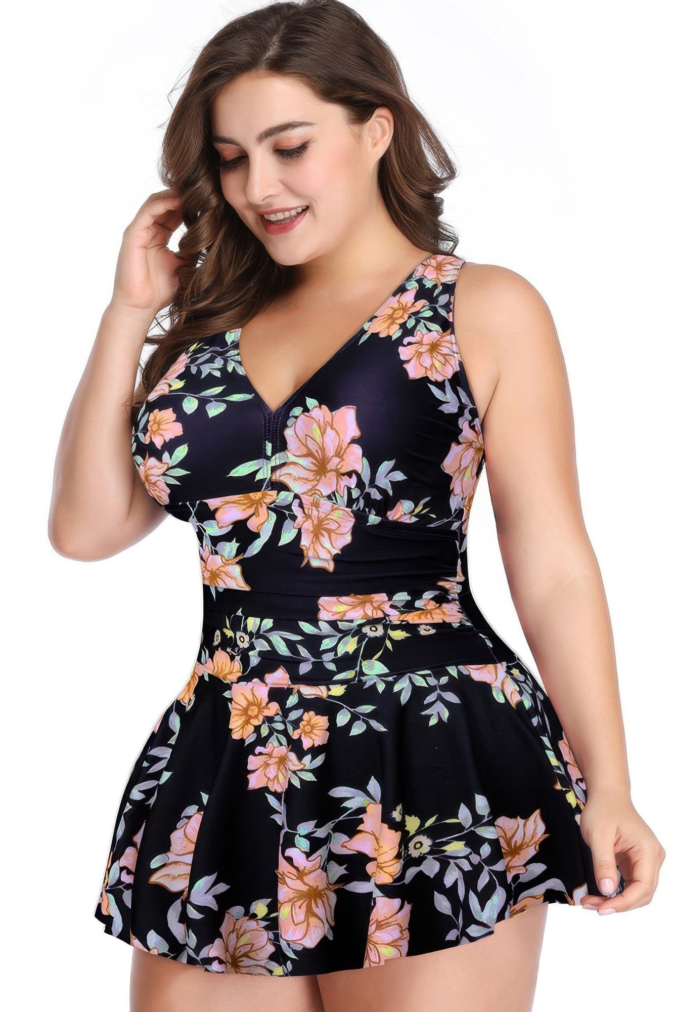 Plus Size Solid Ruffle V Neck Fit Swimsuits product image