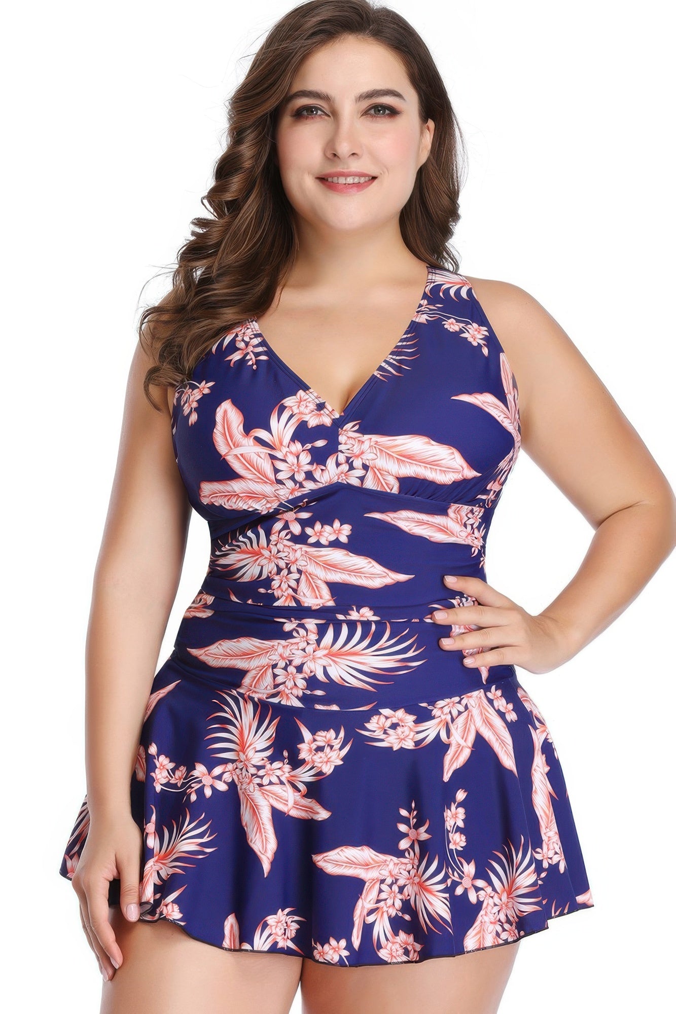 Plus Size Solid Ruffle V Neck Fit Swimsuits product image