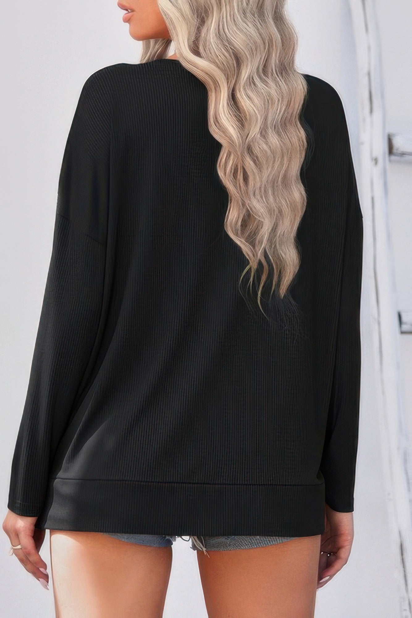 Solid Drop Shoulder V Neck Split Long Sleeve Blous product image