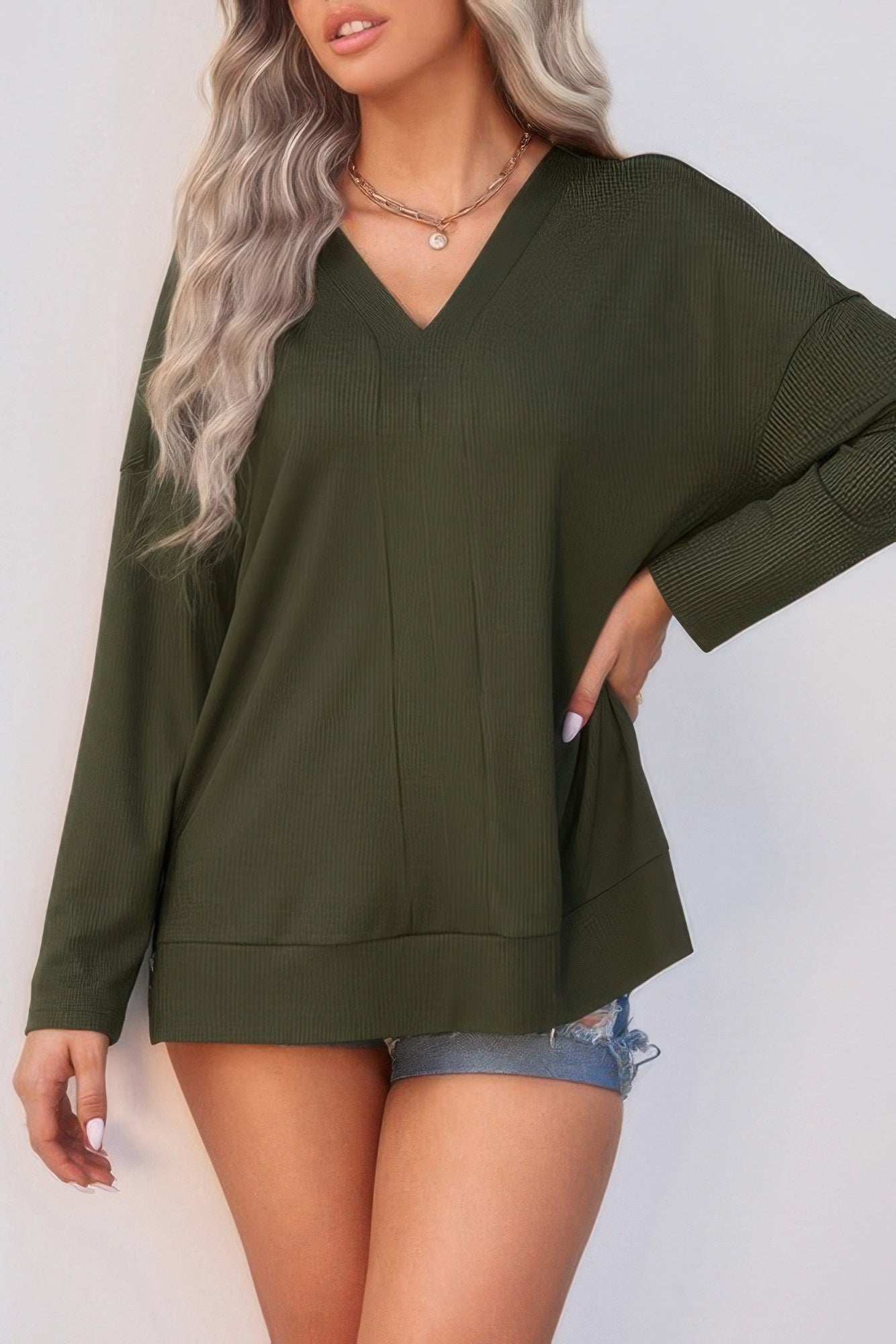 Solid Drop Shoulder V Neck Split Long Sleeve Blous product image
