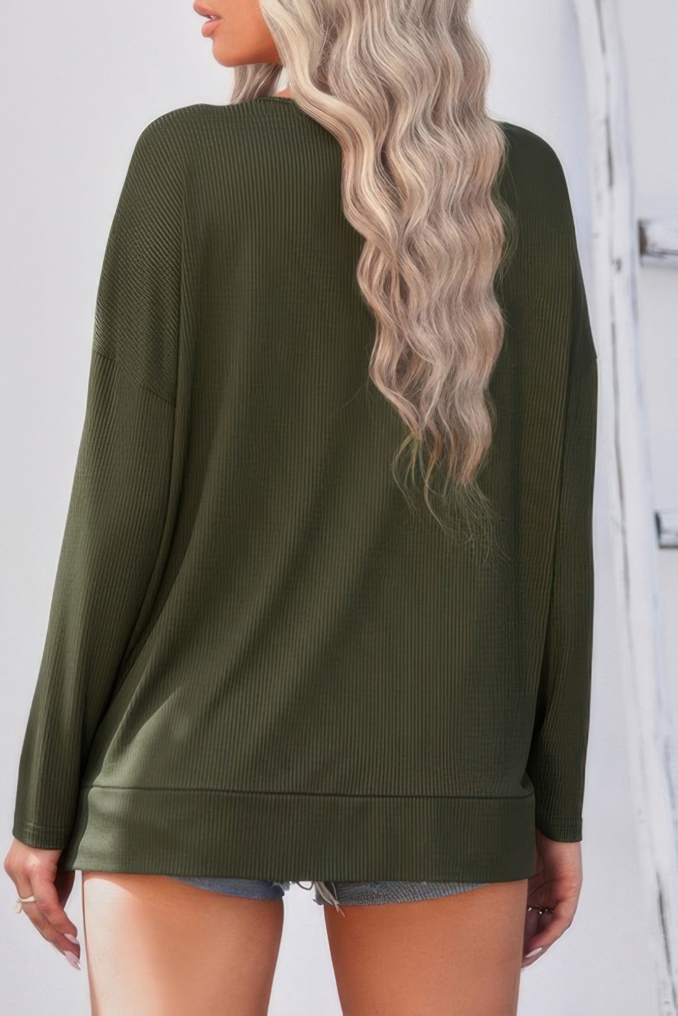 Solid Drop Shoulder V Neck Split Long Sleeve Blous product image