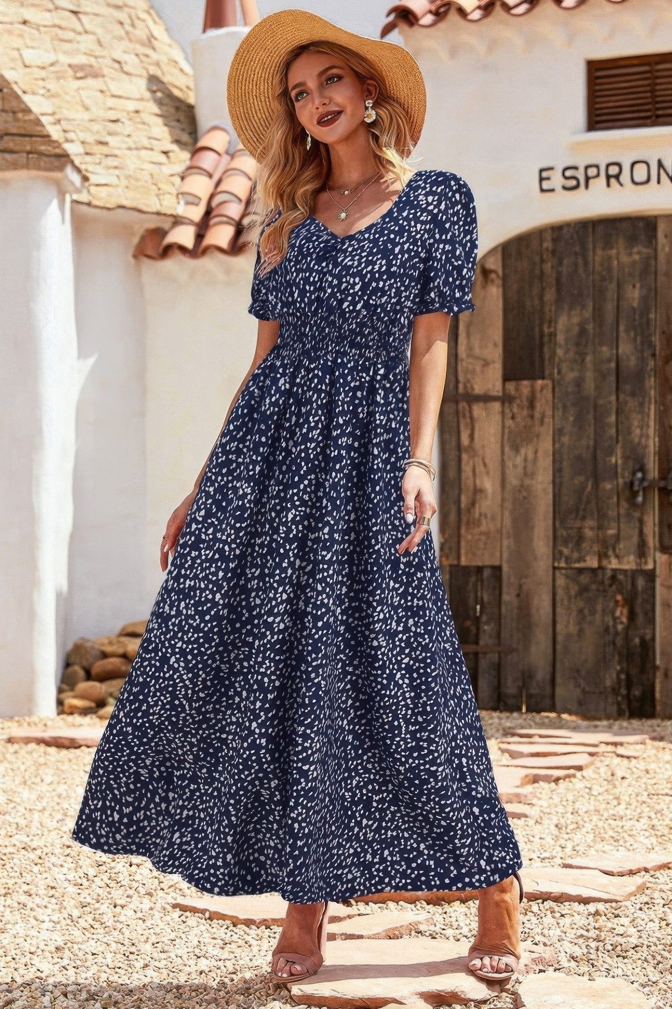 Allover Print Puff Sleeve Ruched Shirred Dress product image