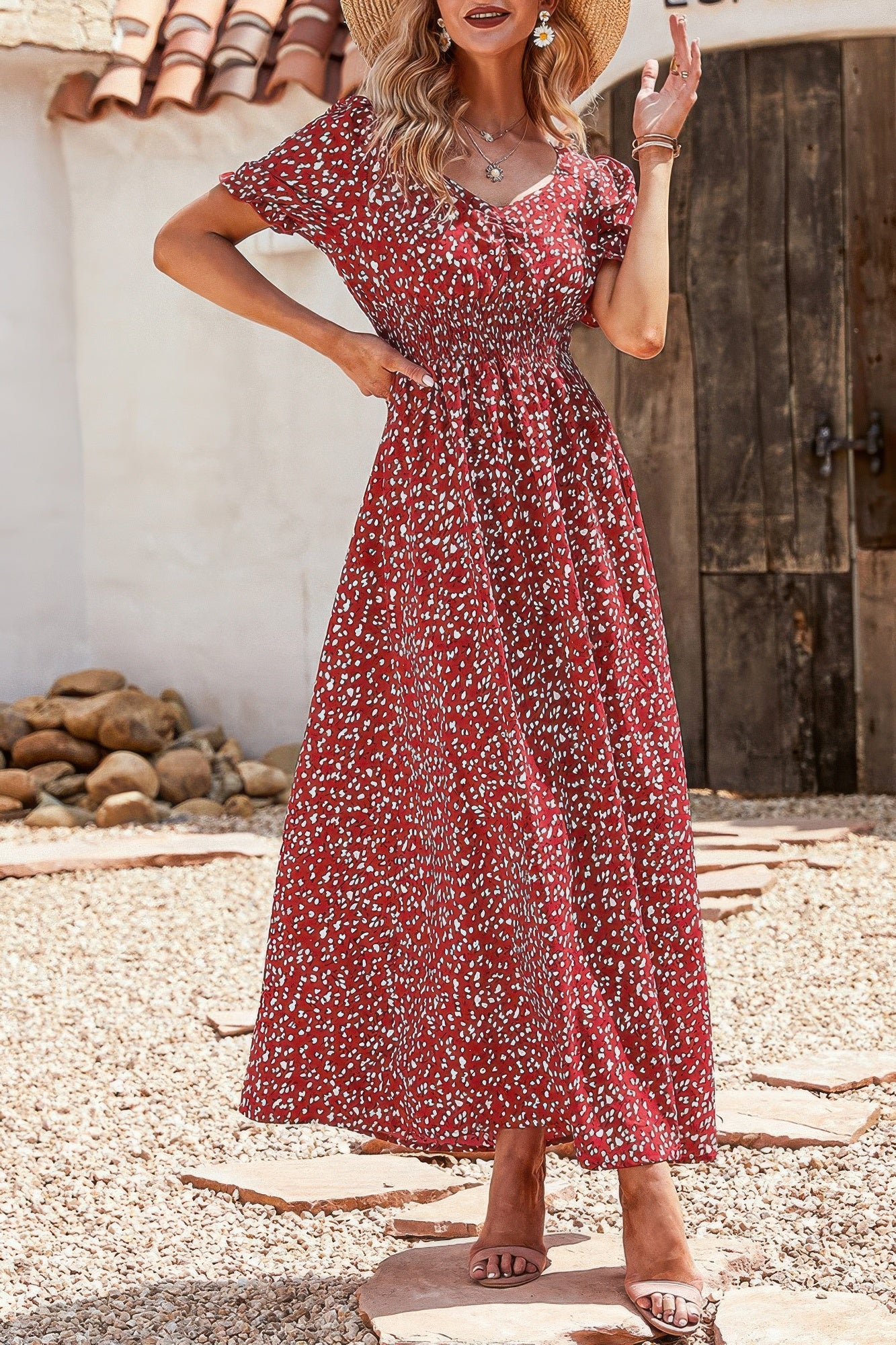 Allover Print Puff Sleeve Ruched Shirred Dress product image