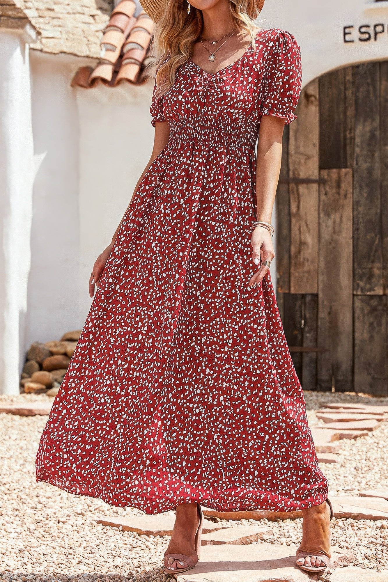 Allover Print Puff Sleeve Ruched Shirred Dress product image