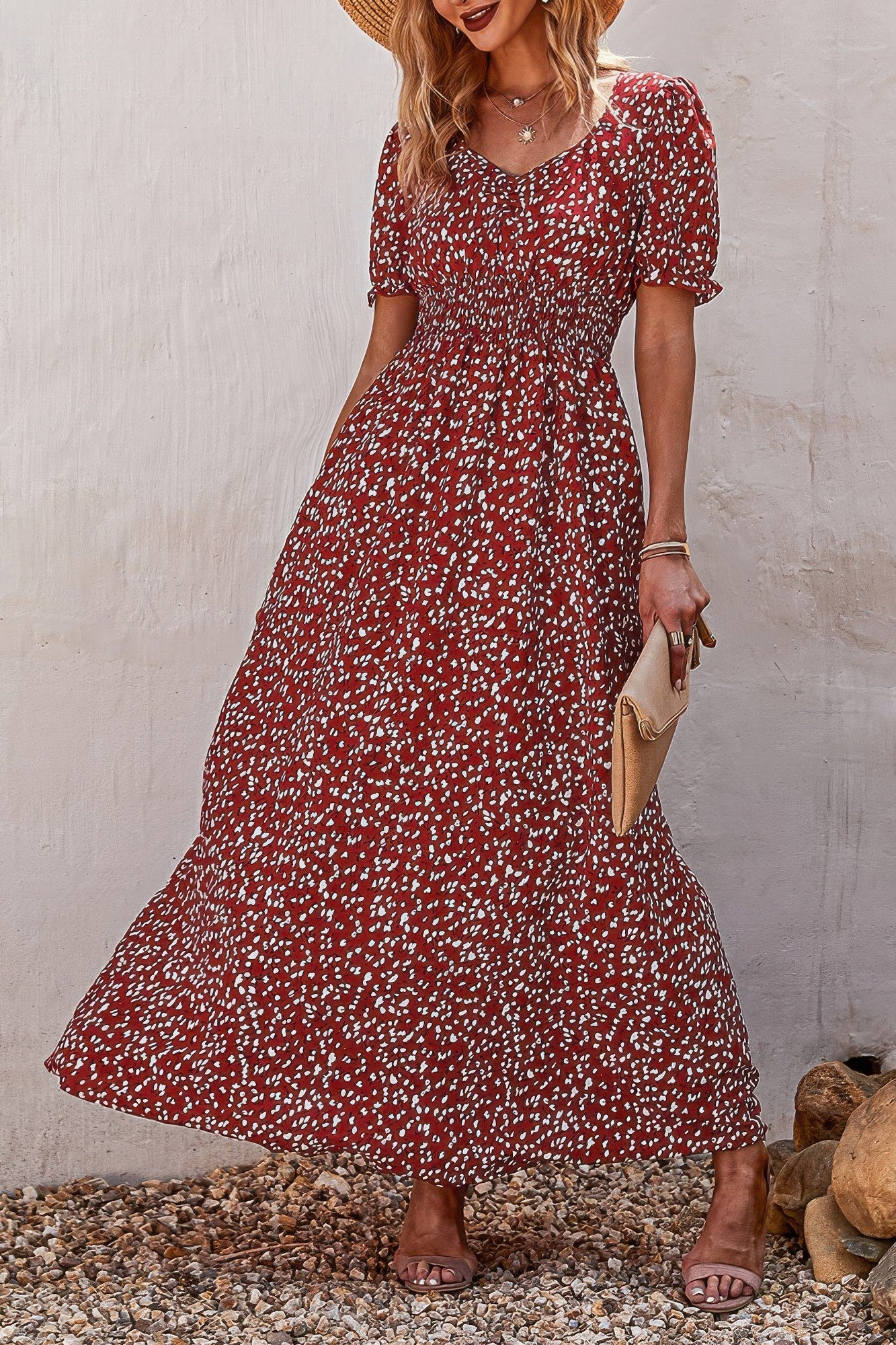 Allover Print Puff Sleeve Ruched Shirred Dress product image