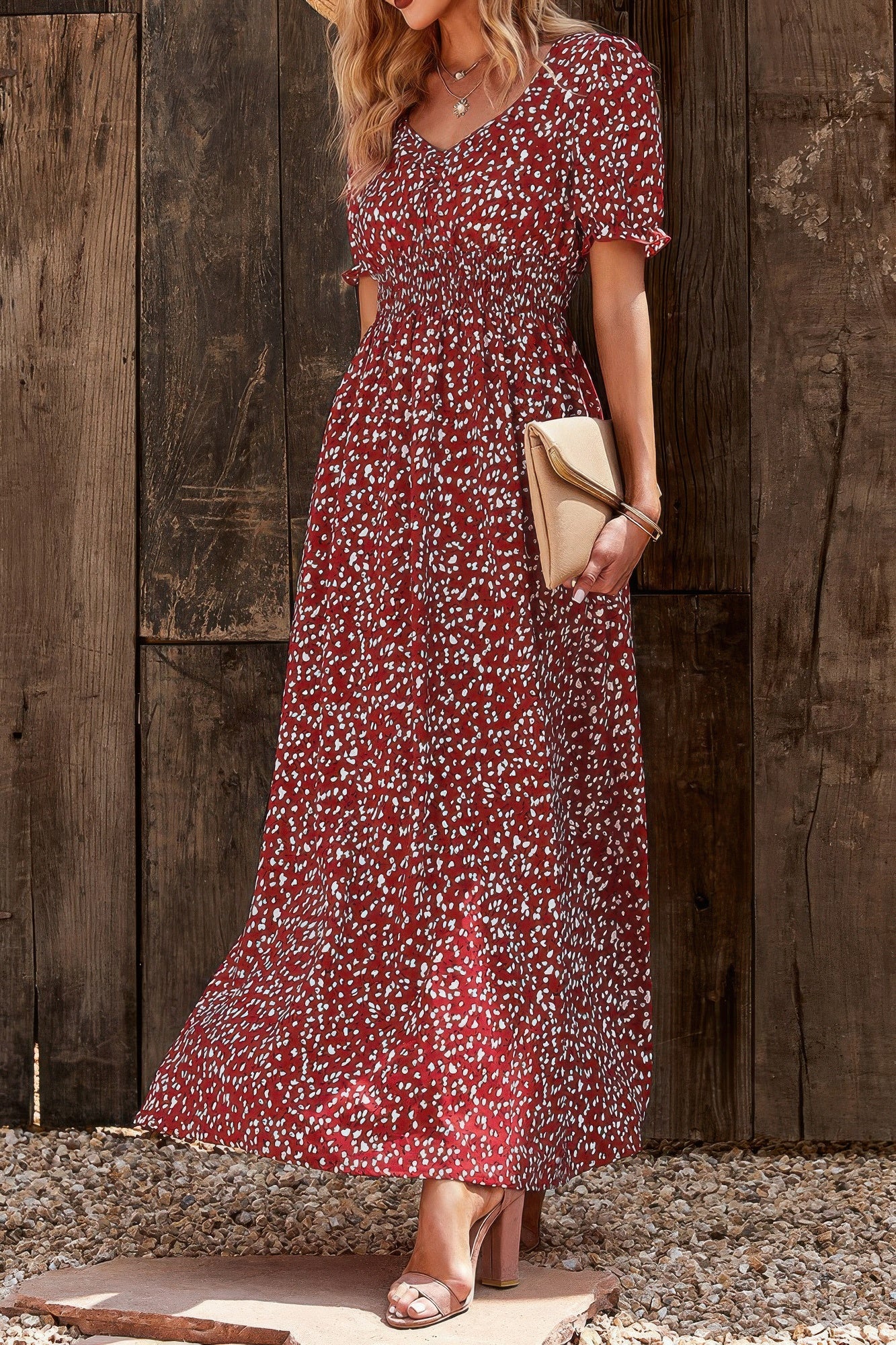 Allover Print Puff Sleeve Ruched Shirred Dress product image