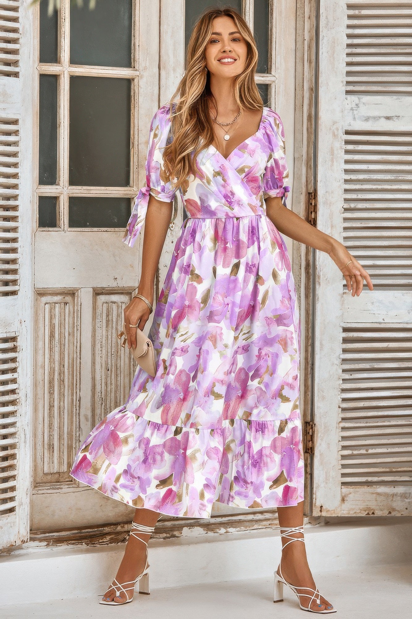 Floral Paint Short Sleeve Tie Cuff Surplice Dress product image