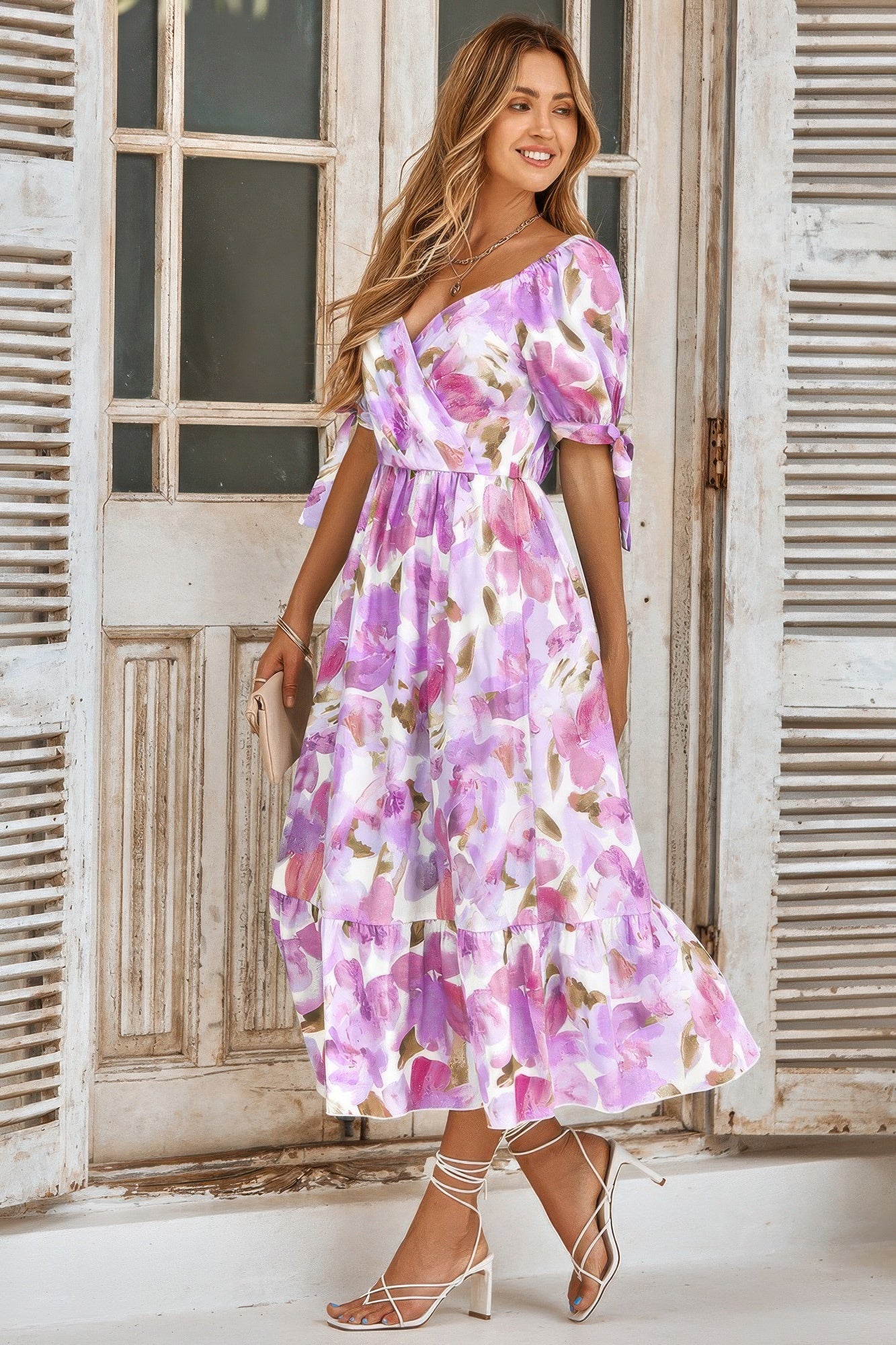 Floral Paint Short Sleeve Tie Cuff Surplice Dress product image