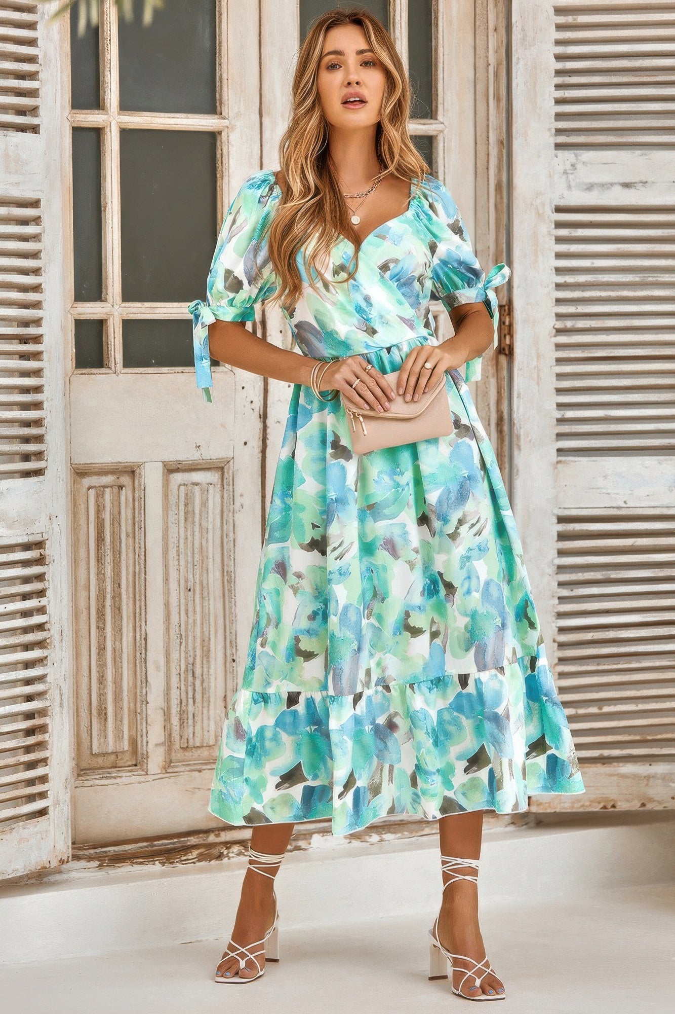Floral Paint Short Sleeve Tie Cuff Surplice Dress product image