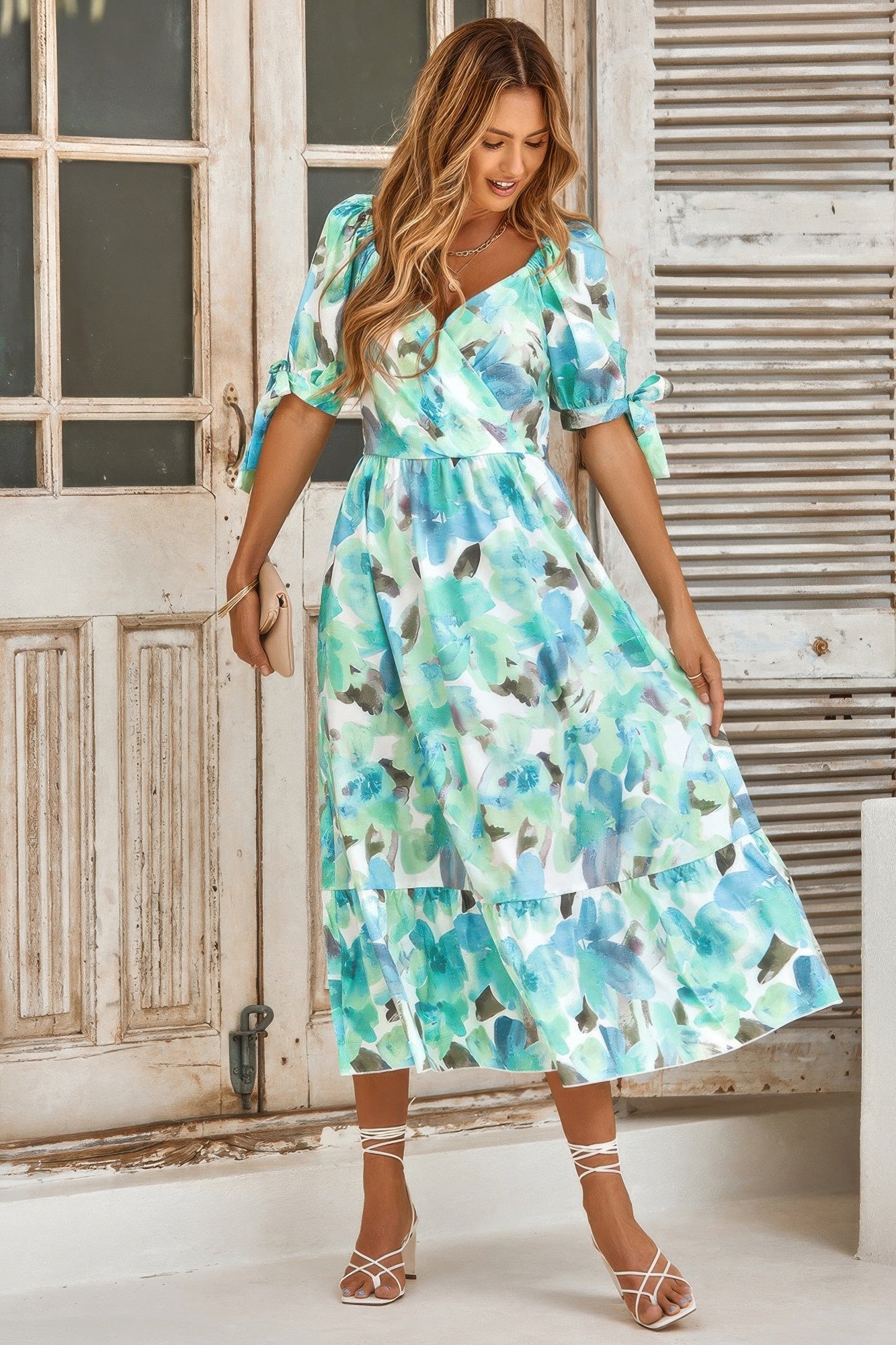Floral Paint Short Sleeve Tie Cuff Surplice Dress product image