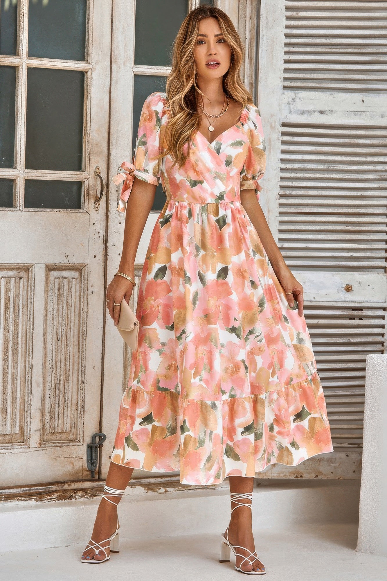 Floral Paint Short Sleeve Tie Cuff Surplice Dress product image