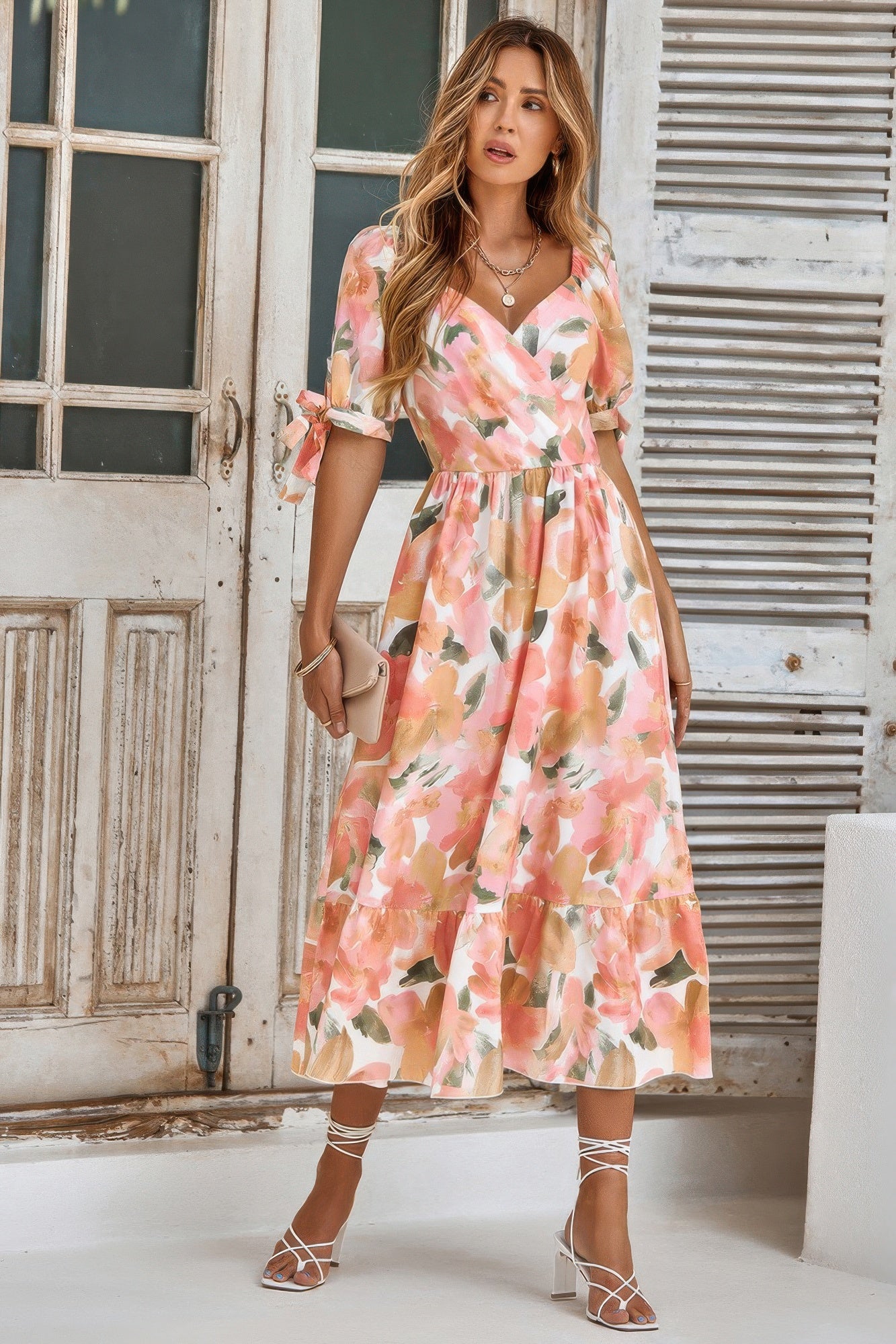 Floral Paint Short Sleeve Tie Cuff Surplice Dress product image