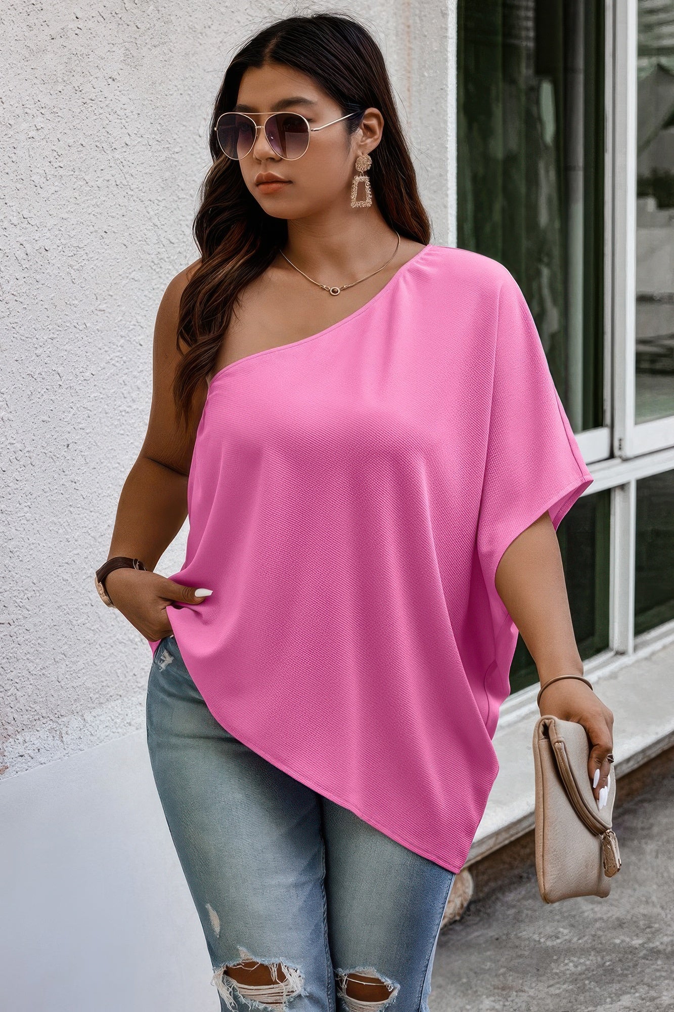 Plus One Shoulder Solid Casual Loose Fit Shirt product image