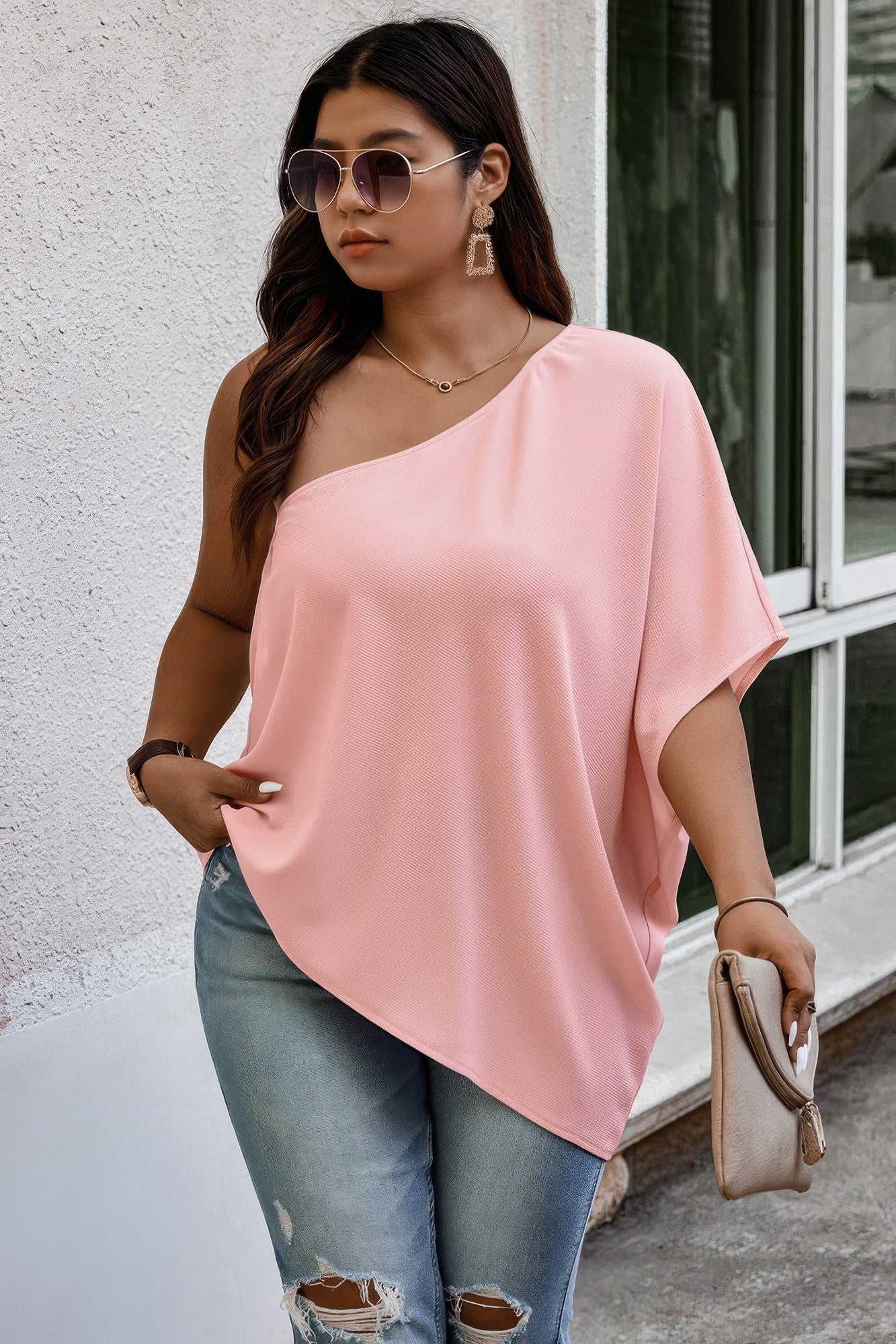 Plus One Shoulder Solid Casual Loose Fit Shirt product image