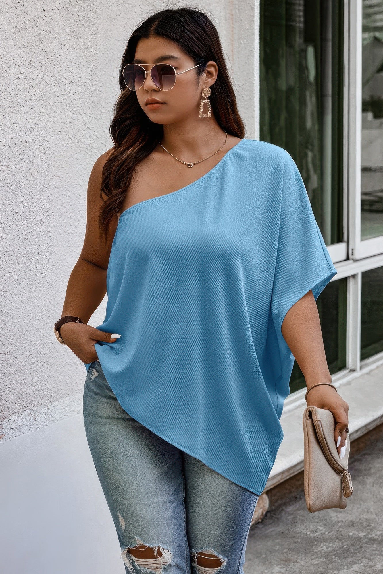 Plus One Shoulder Solid Casual Loose Fit Shirt product image