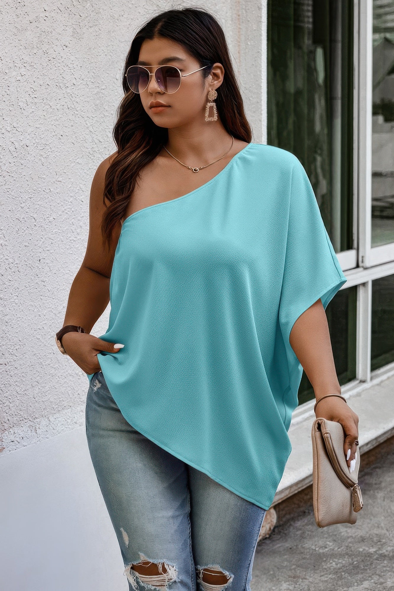 Plus One Shoulder Solid Casual Loose Fit Shirt product image