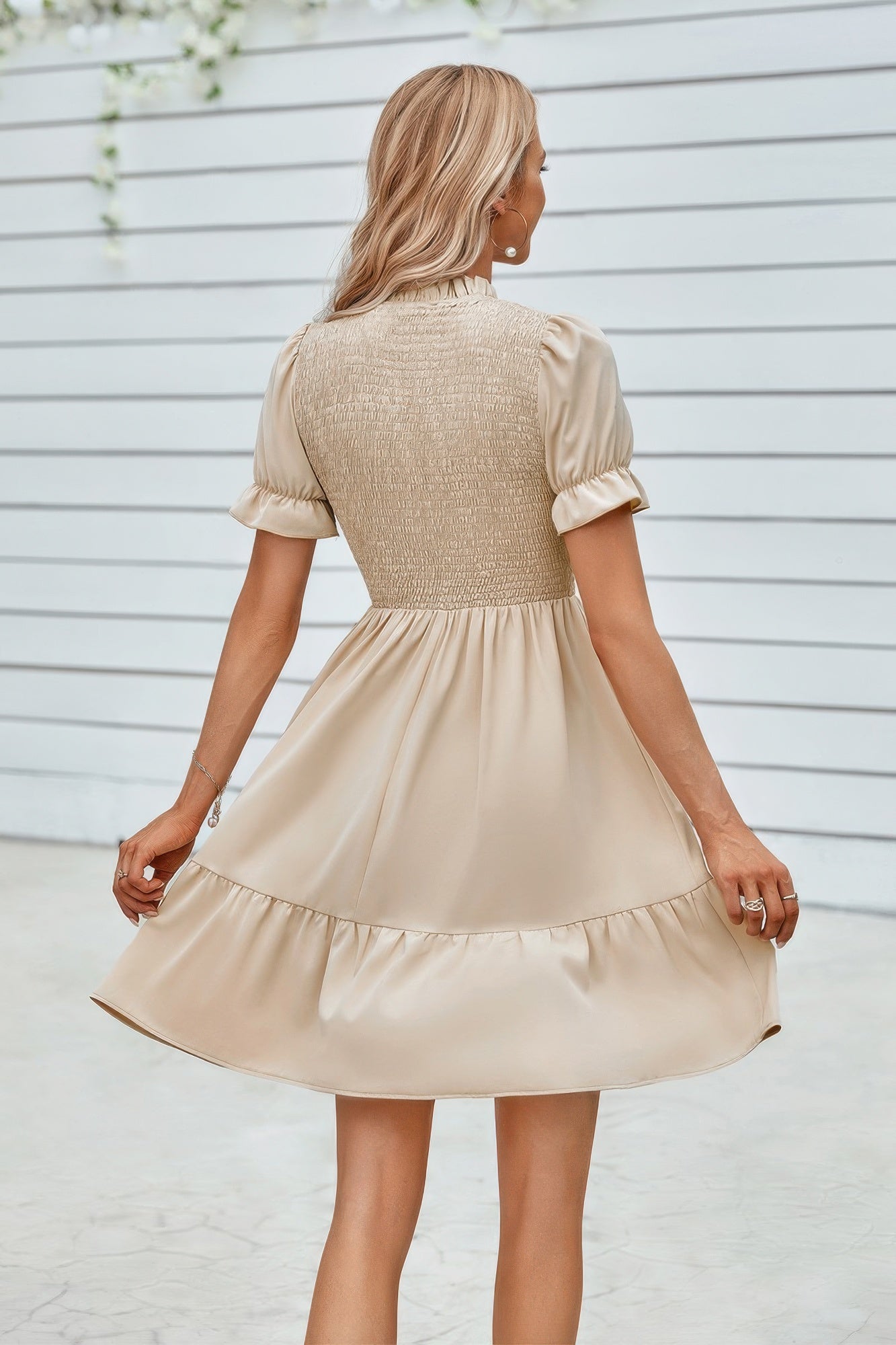 Solid Puff Sleeve Shirred Detail Ruffle Hem Dress product image