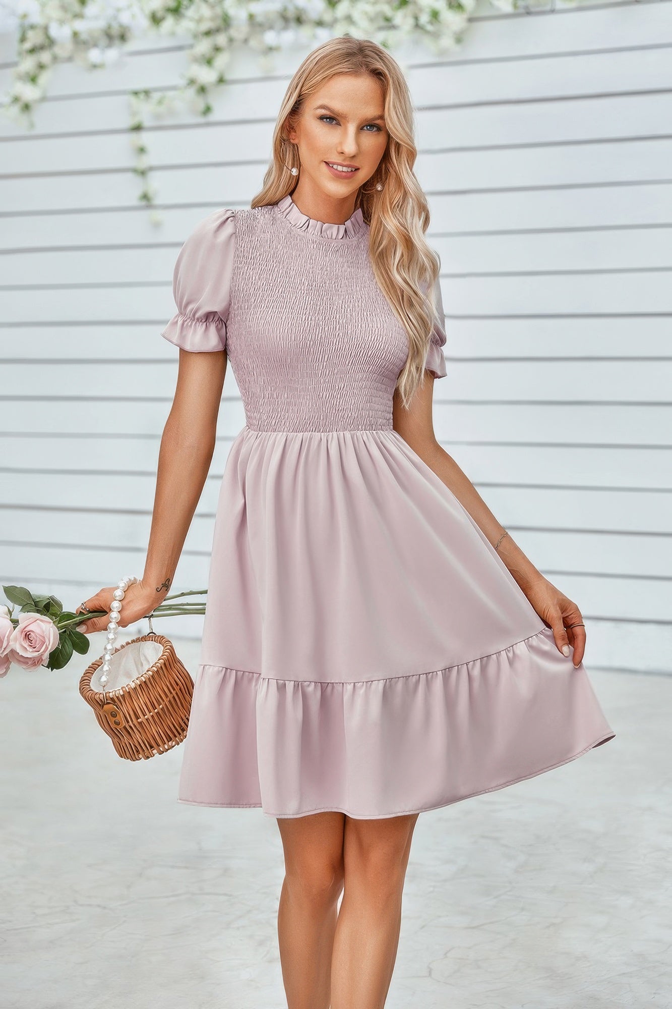 Solid Puff Sleeve Shirred Detail Ruffle Hem Dress product image