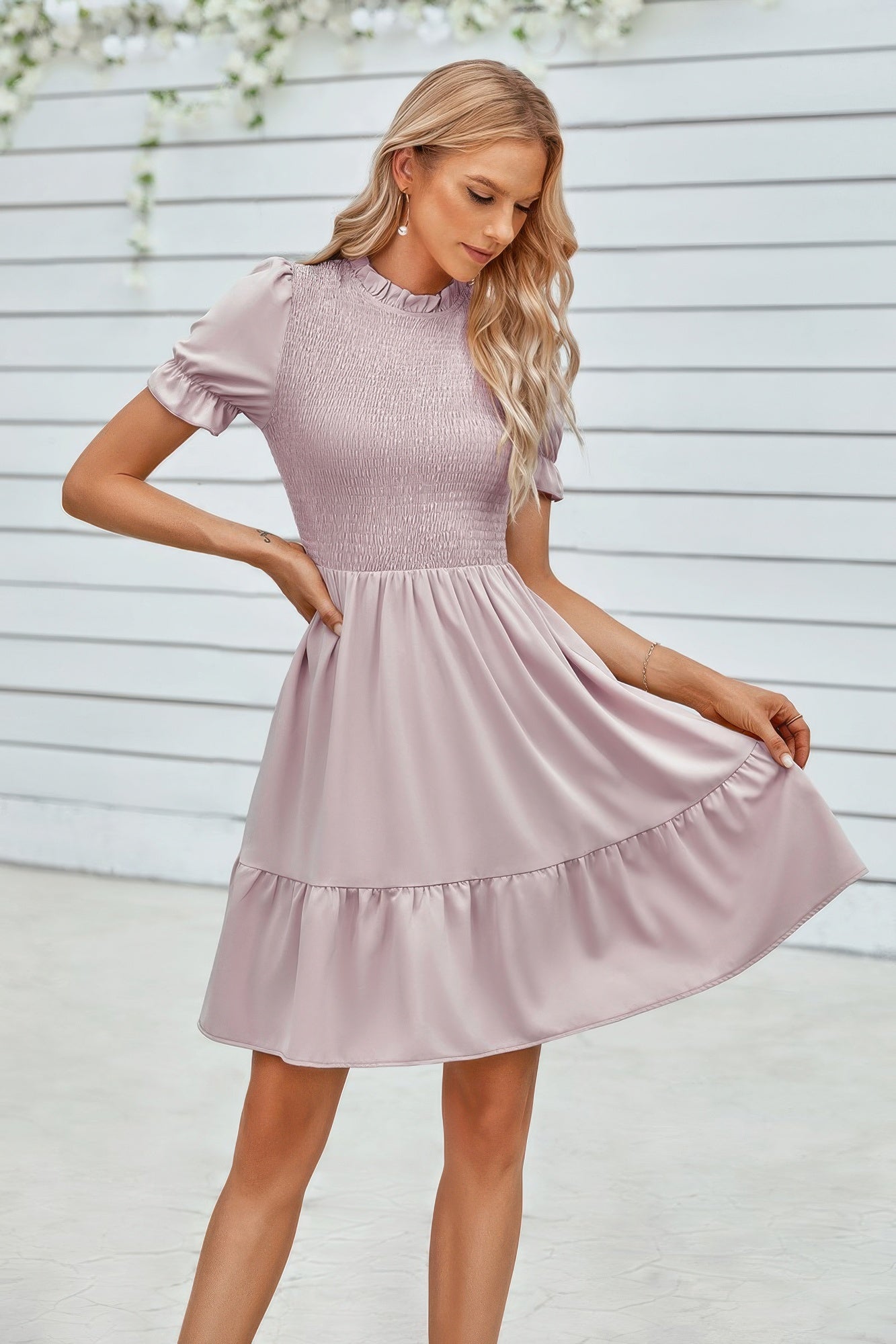 Solid Puff Sleeve Shirred Detail Ruffle Hem Dress product image