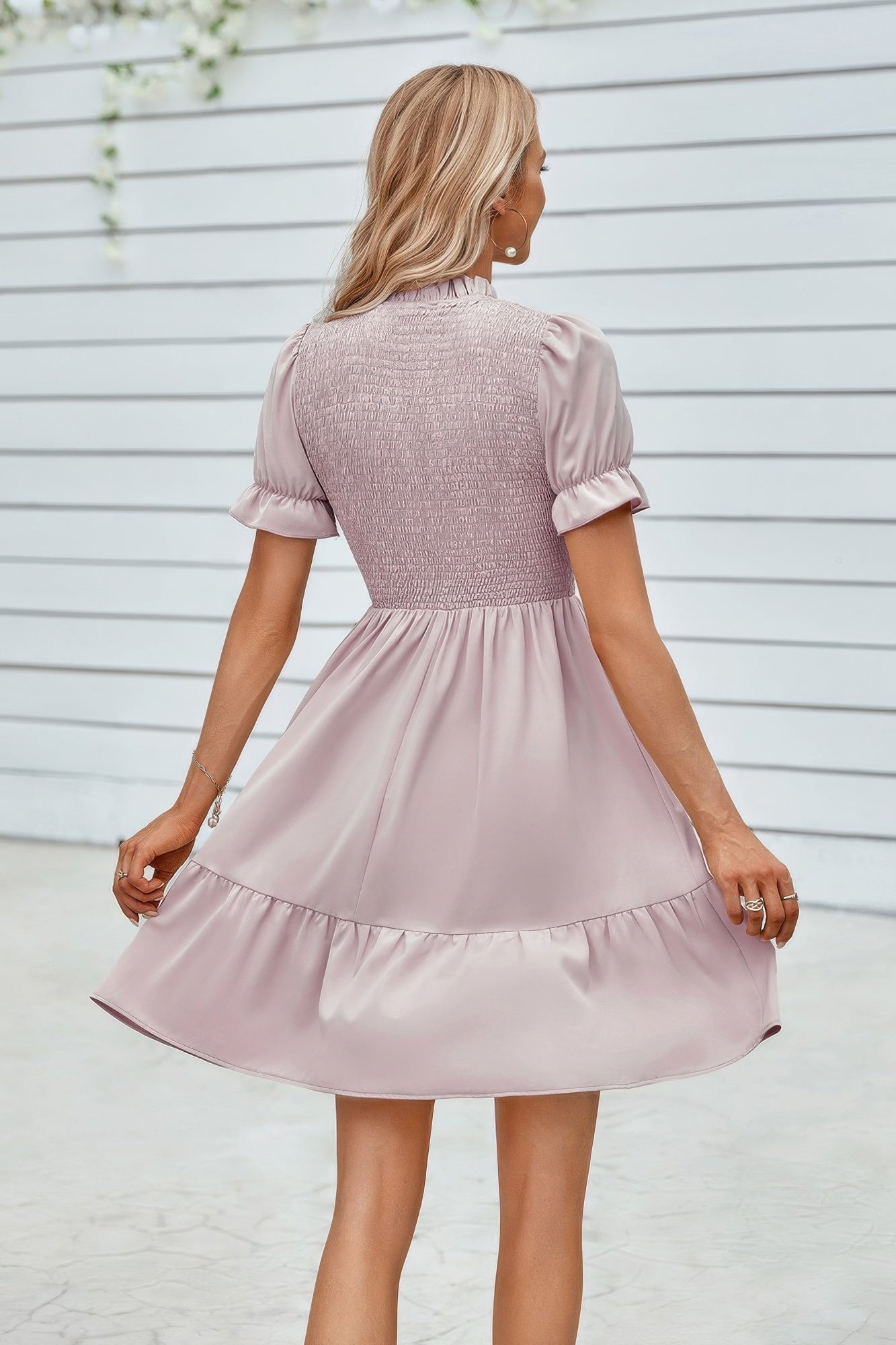 Solid Puff Sleeve Shirred Detail Ruffle Hem Dress product image