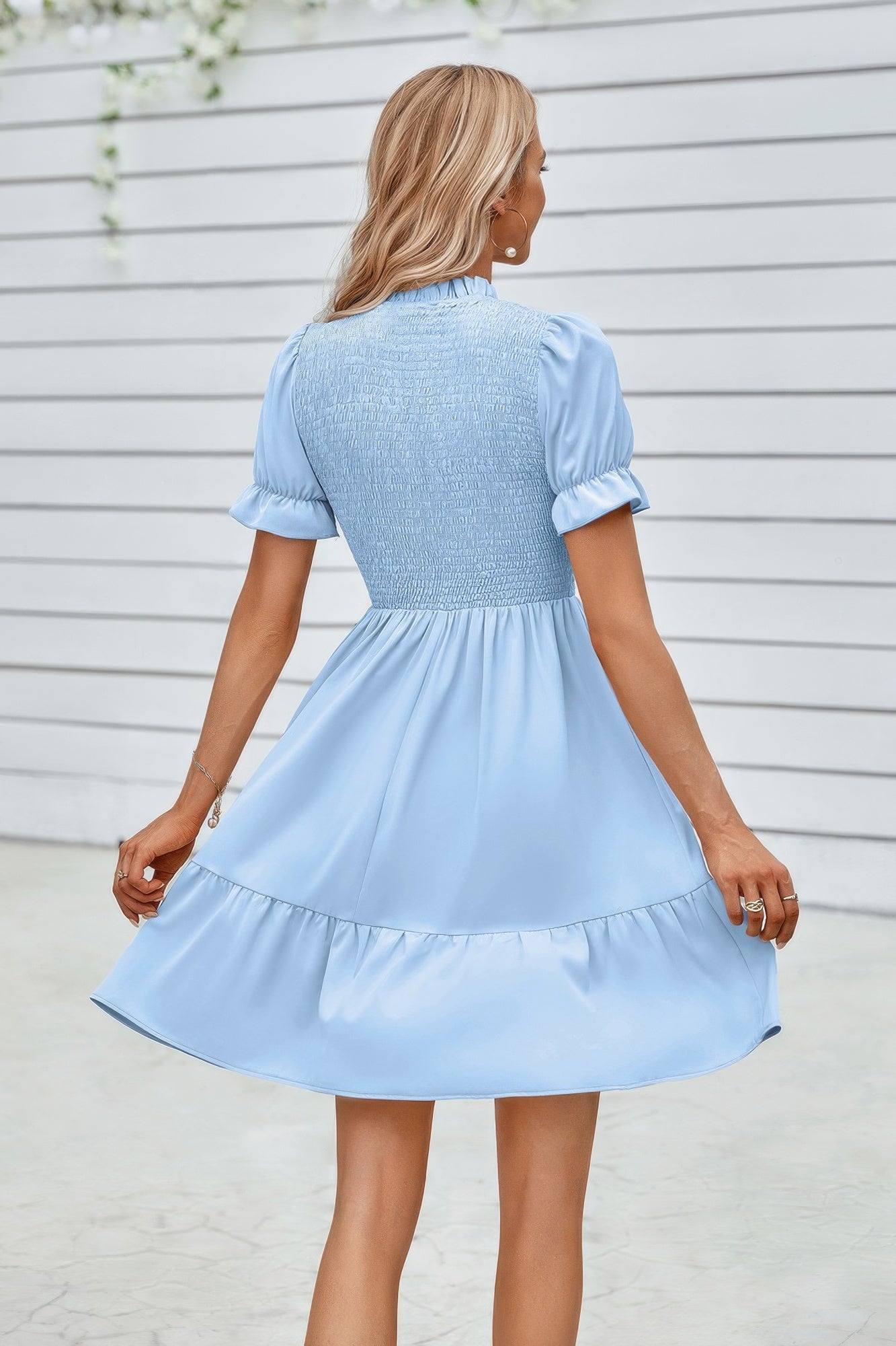 Solid Puff Sleeve Shirred Detail Ruffle Hem Dress product image
