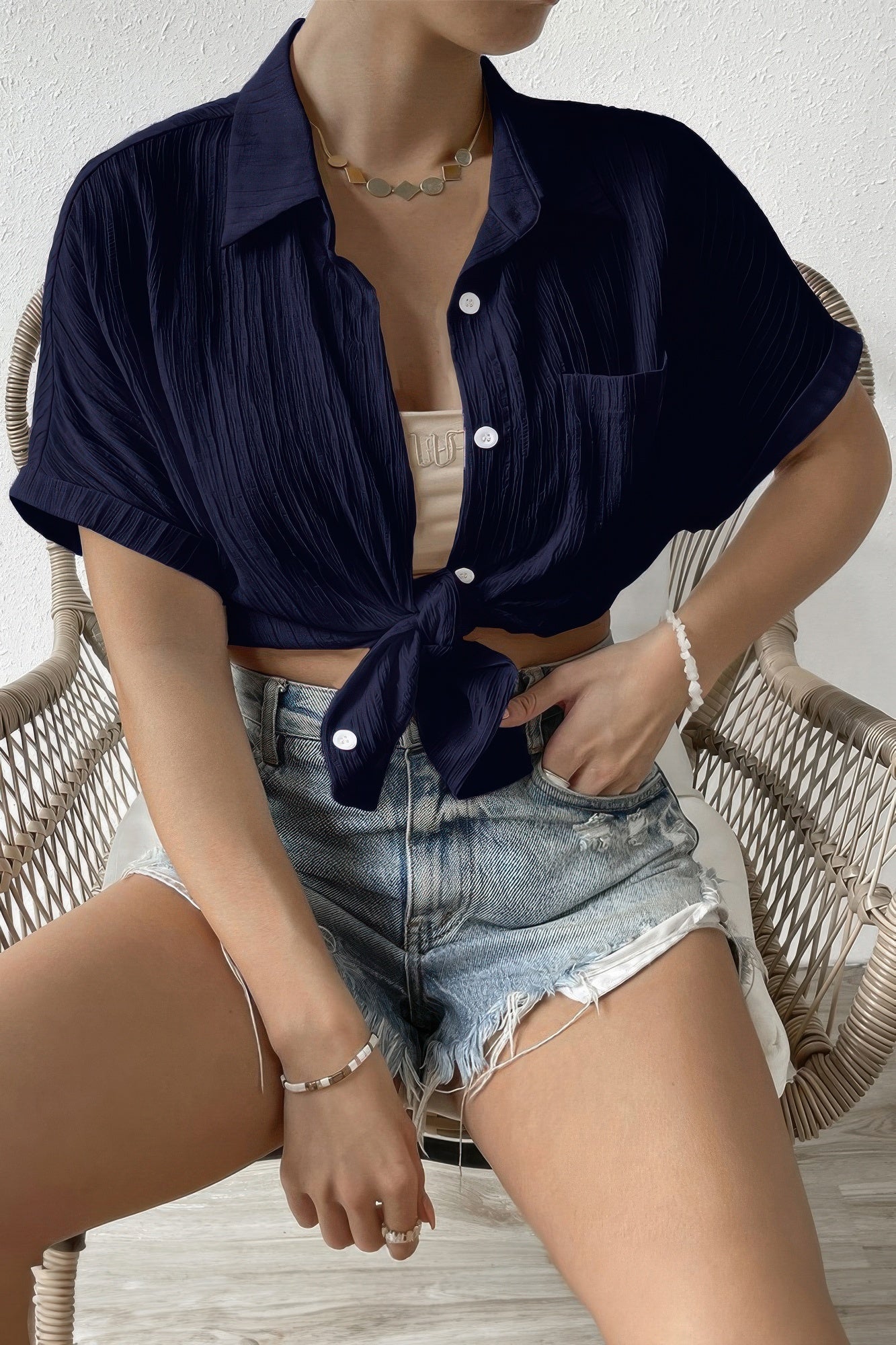 Button Down Lapel Pockets Loose Solid Shirt product image