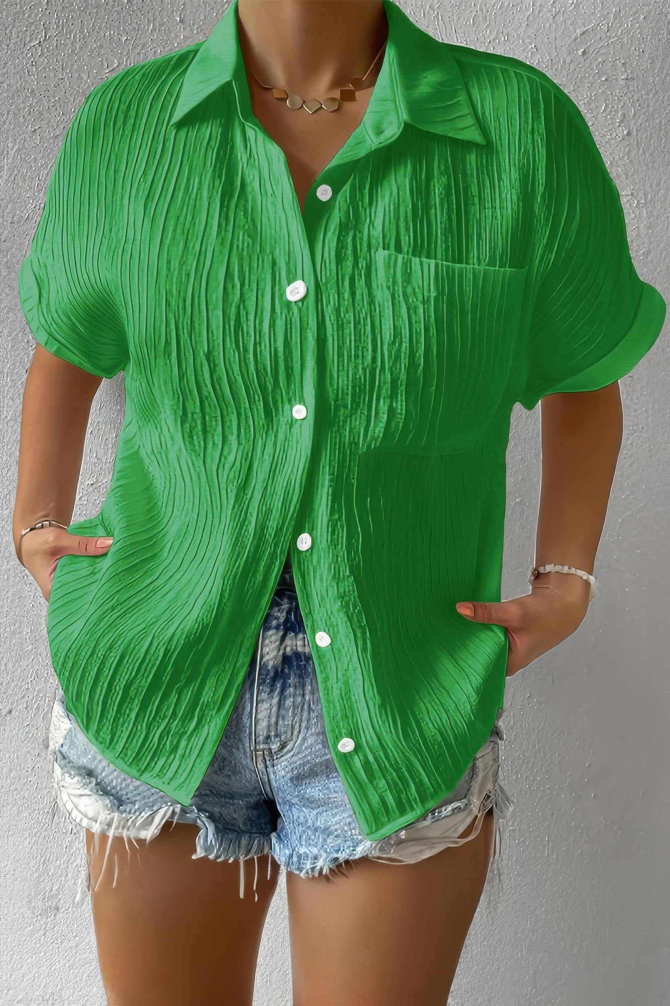 Button Down Lapel Pockets Loose Solid Shirt product image