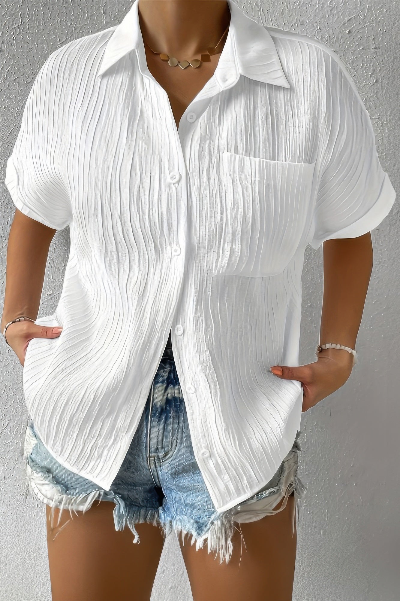 Button Down Lapel Pockets Loose Solid Shirt product image