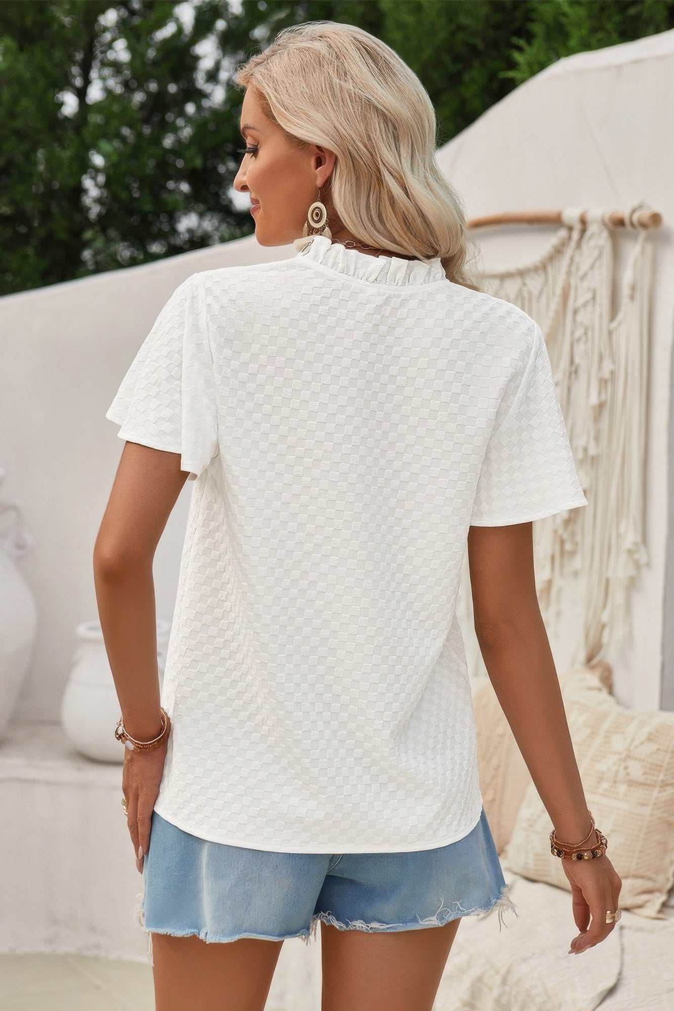 V Neck Loose Fit Solid Button Plaid Shirt product image