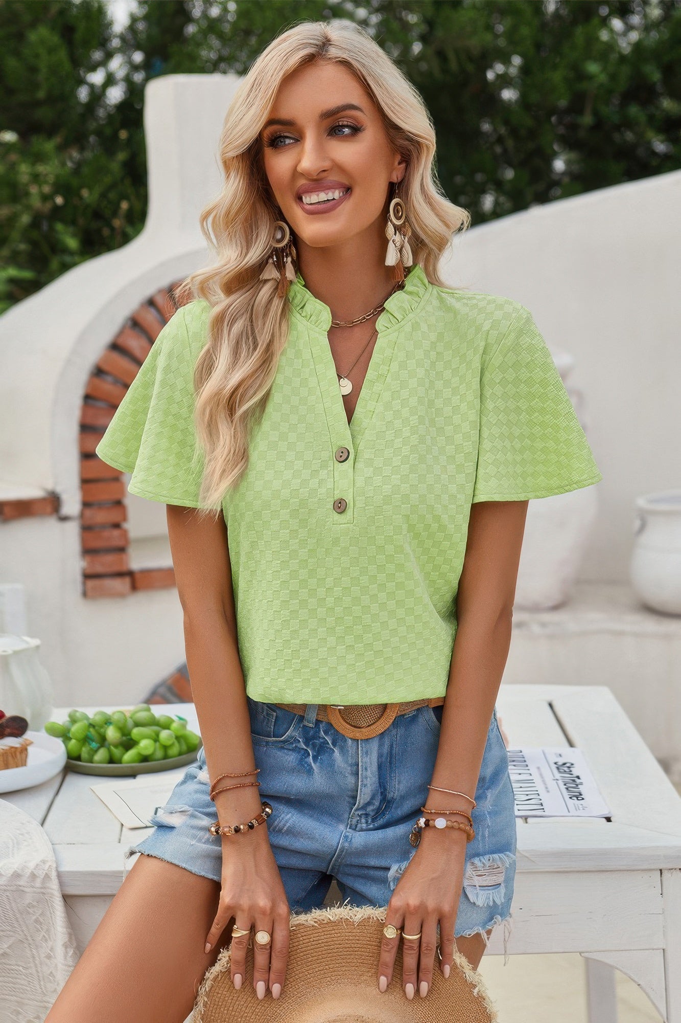 V Neck Loose Fit Solid Button Plaid Shirt product image