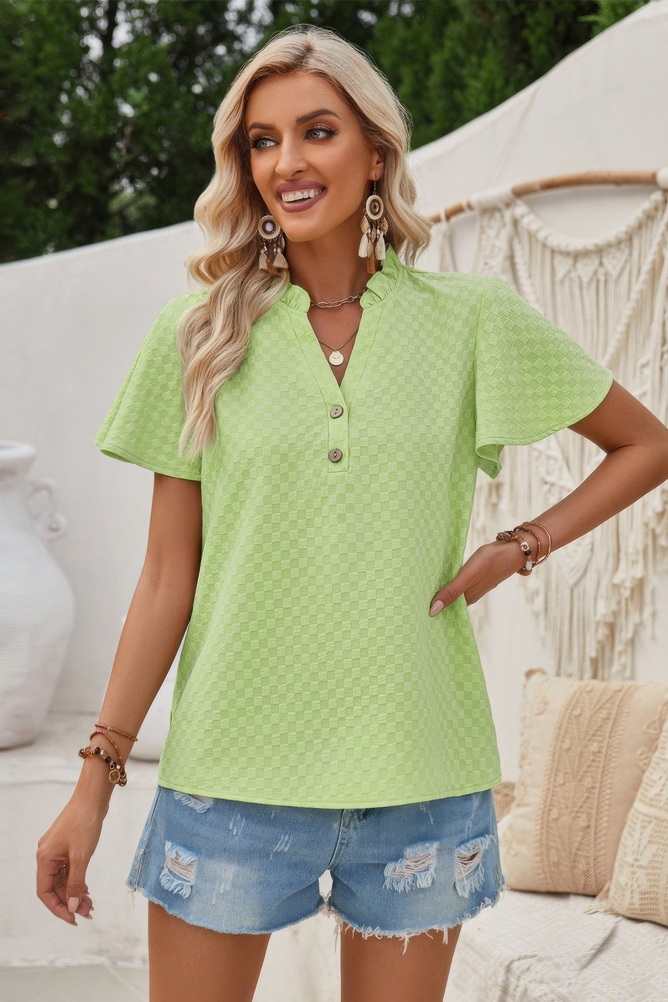 V Neck Loose Fit Solid Button Plaid Shirt product image