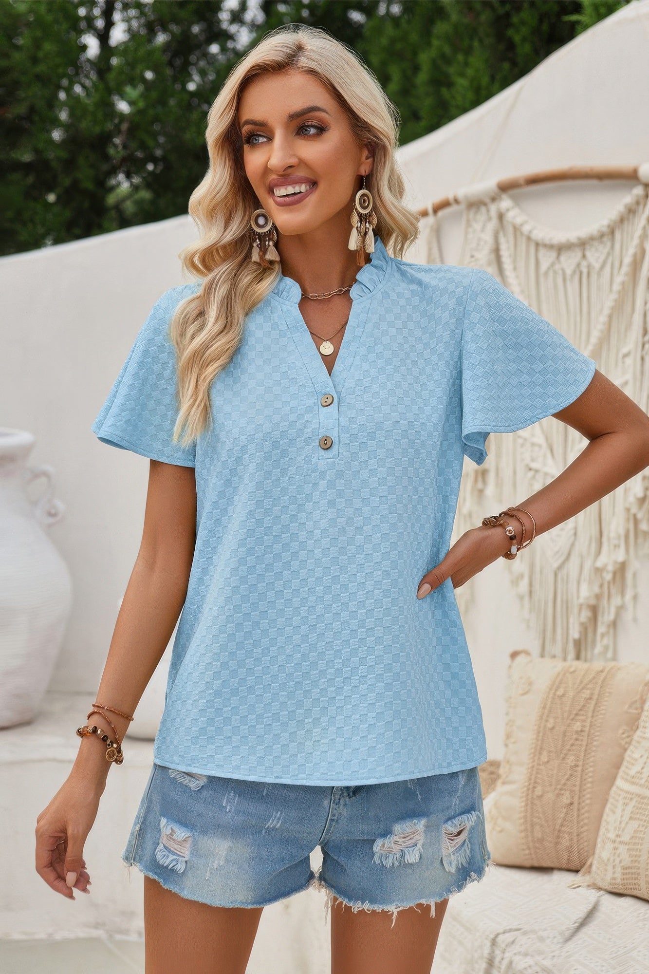 V Neck Loose Fit Solid Button Plaid Shirt product image