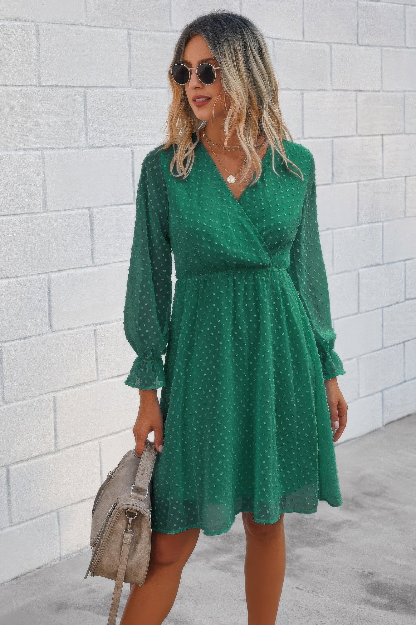 Solid Swiss Dot Flounce Sleeve Shirred Midi Dress product image