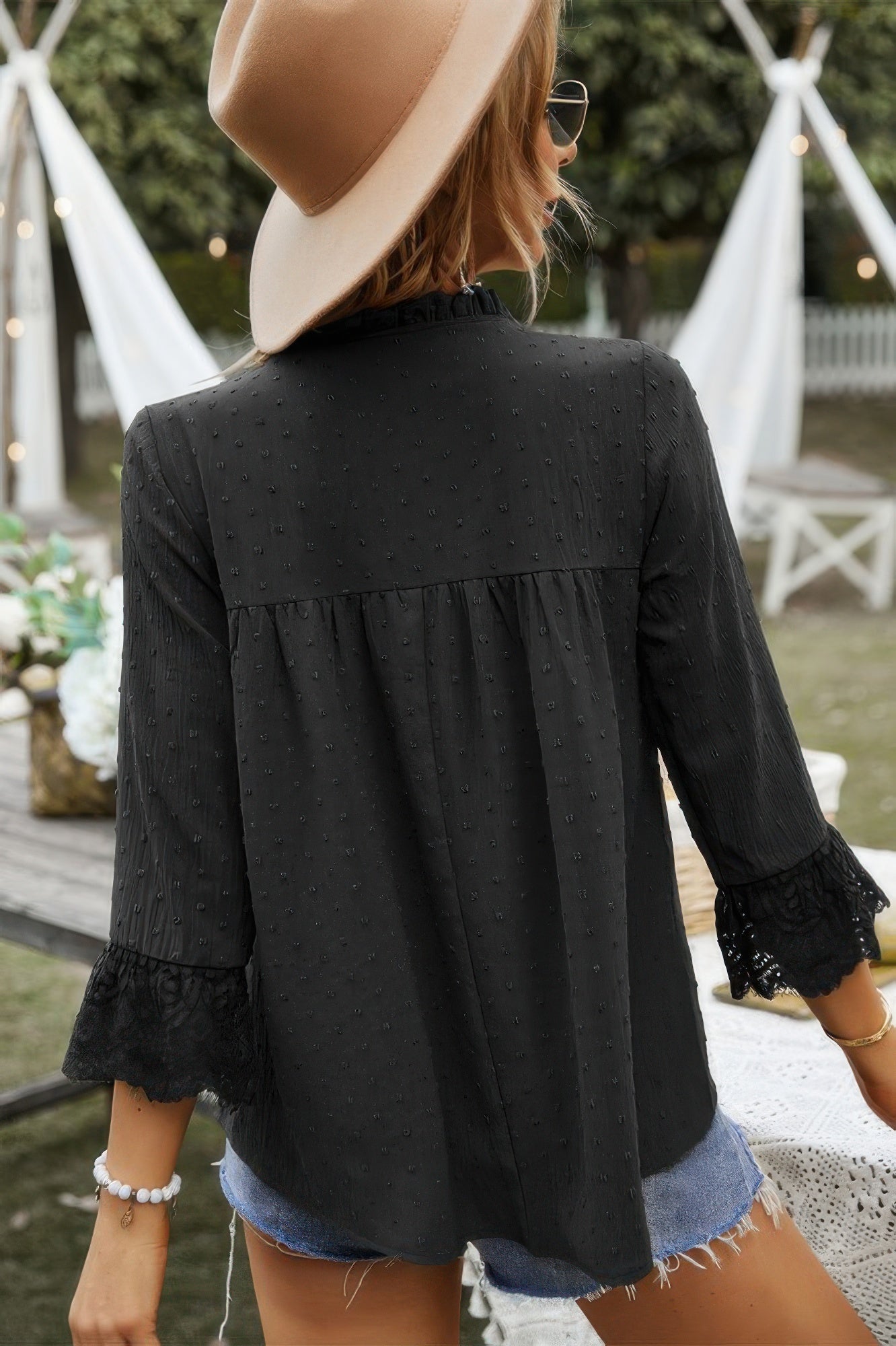 Swiss Dot Lace Splicing Sleeve V Neck Blouse product image