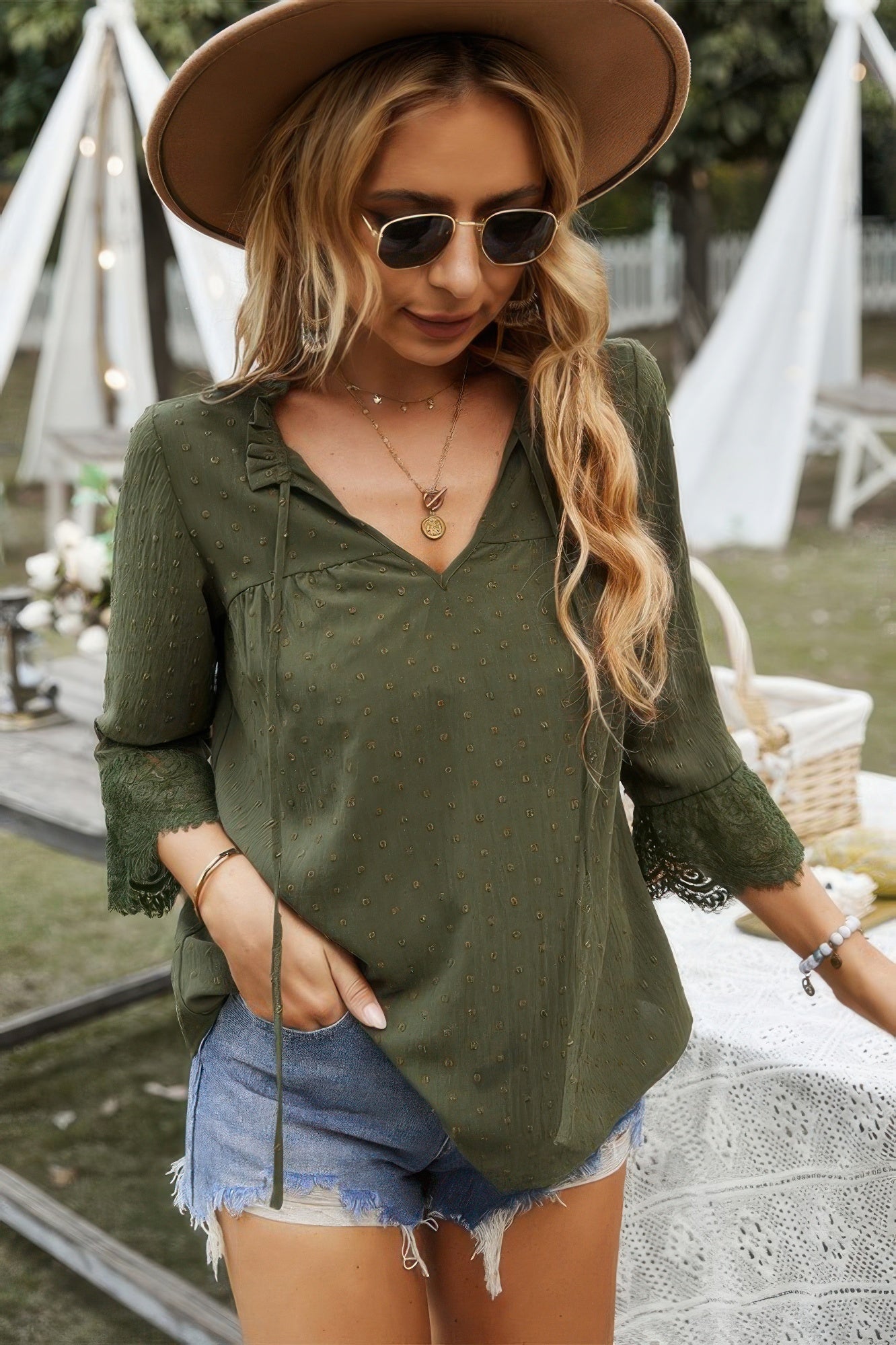 Swiss Dot Lace Splicing Sleeve V Neck Blouse product image