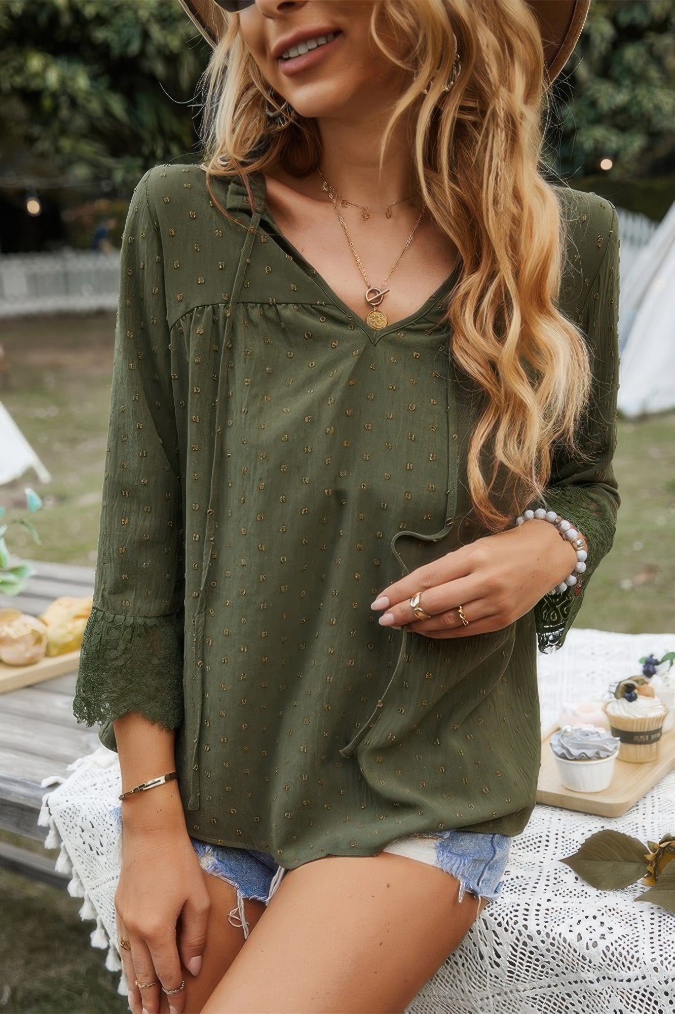 Swiss Dot Lace Splicing Sleeve V Neck Blouse product image