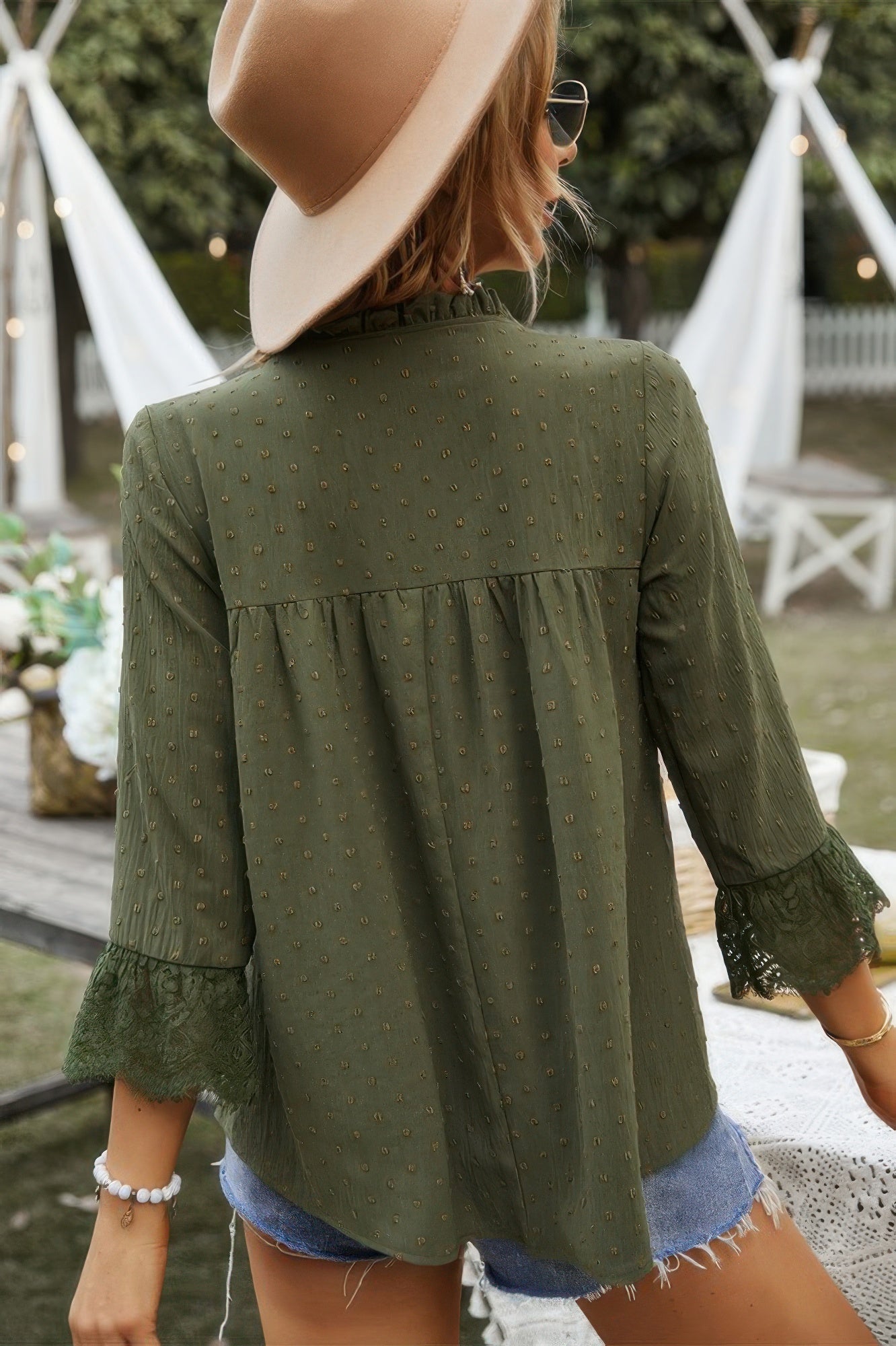 Swiss Dot Lace Splicing Sleeve V Neck Blouse product image