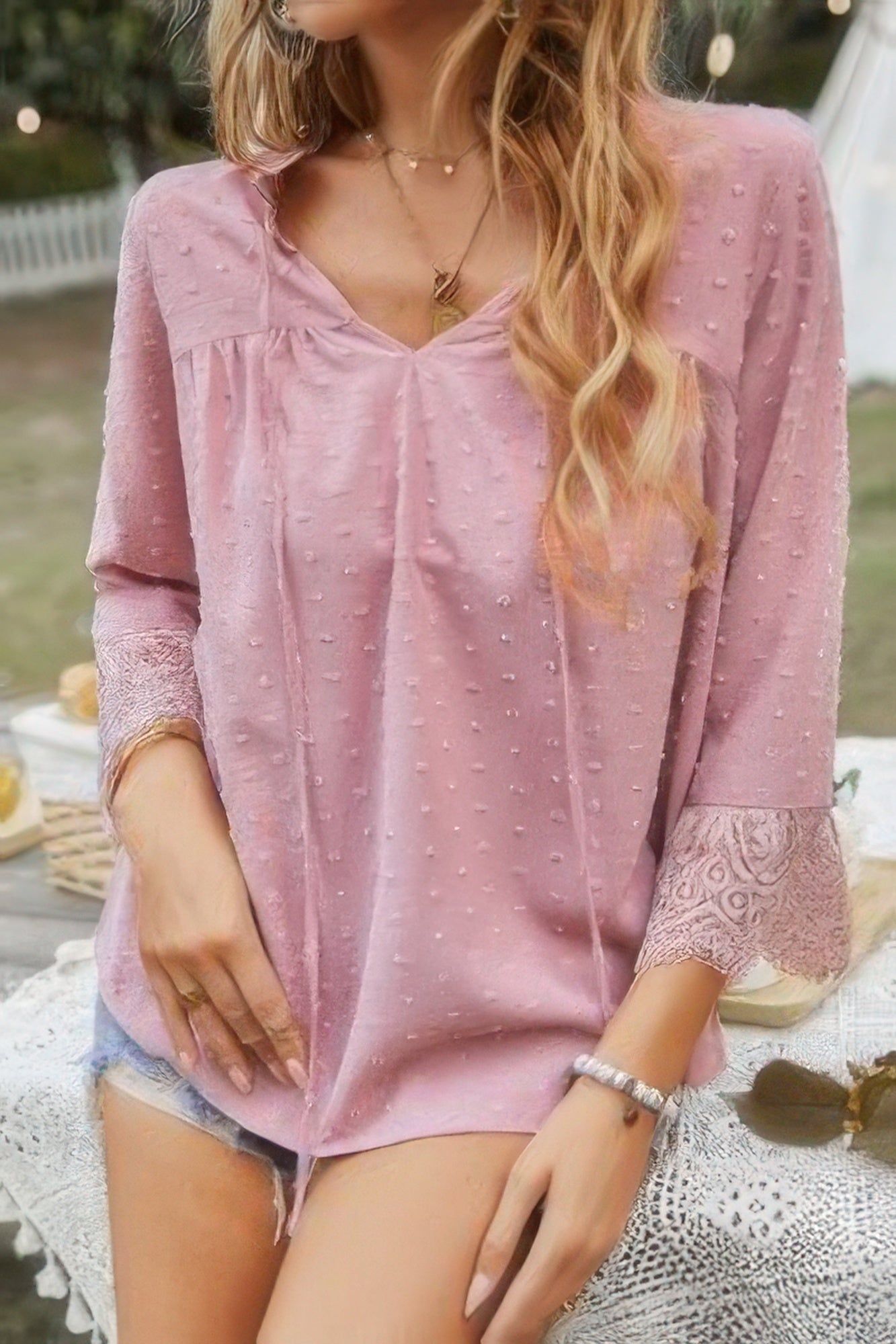 Swiss Dot Lace Splicing Sleeve V Neck Blouse product image