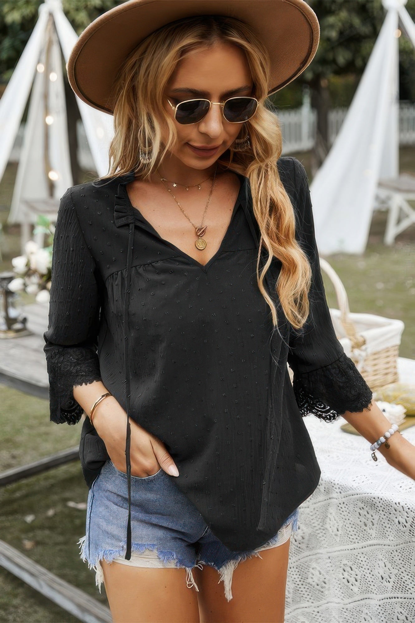 Swiss Dot Lace Splicing Sleeve V Neck Blouse product image