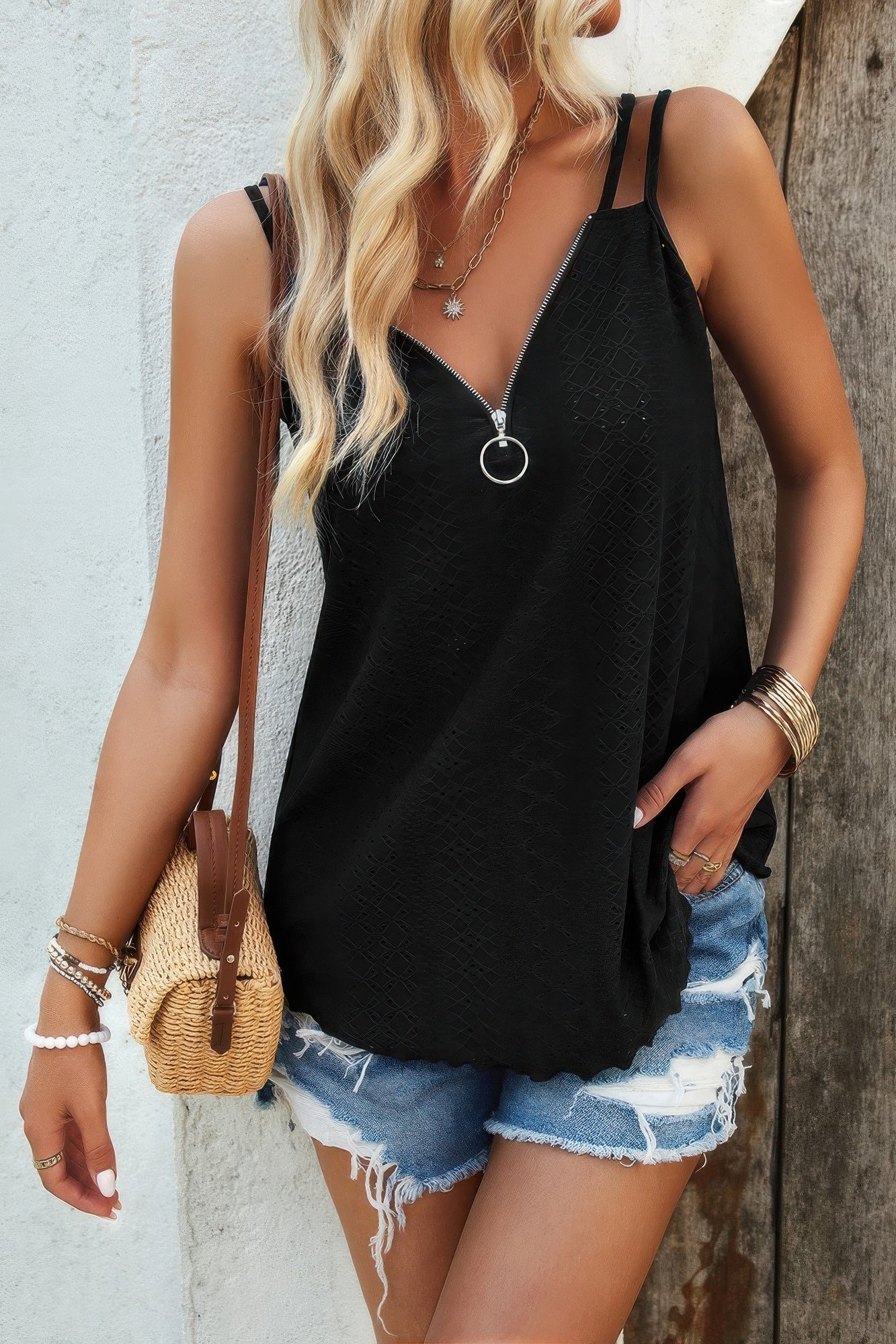 V Neck Eyelet Trim Spaghetti Strap Sleeveless Top product image