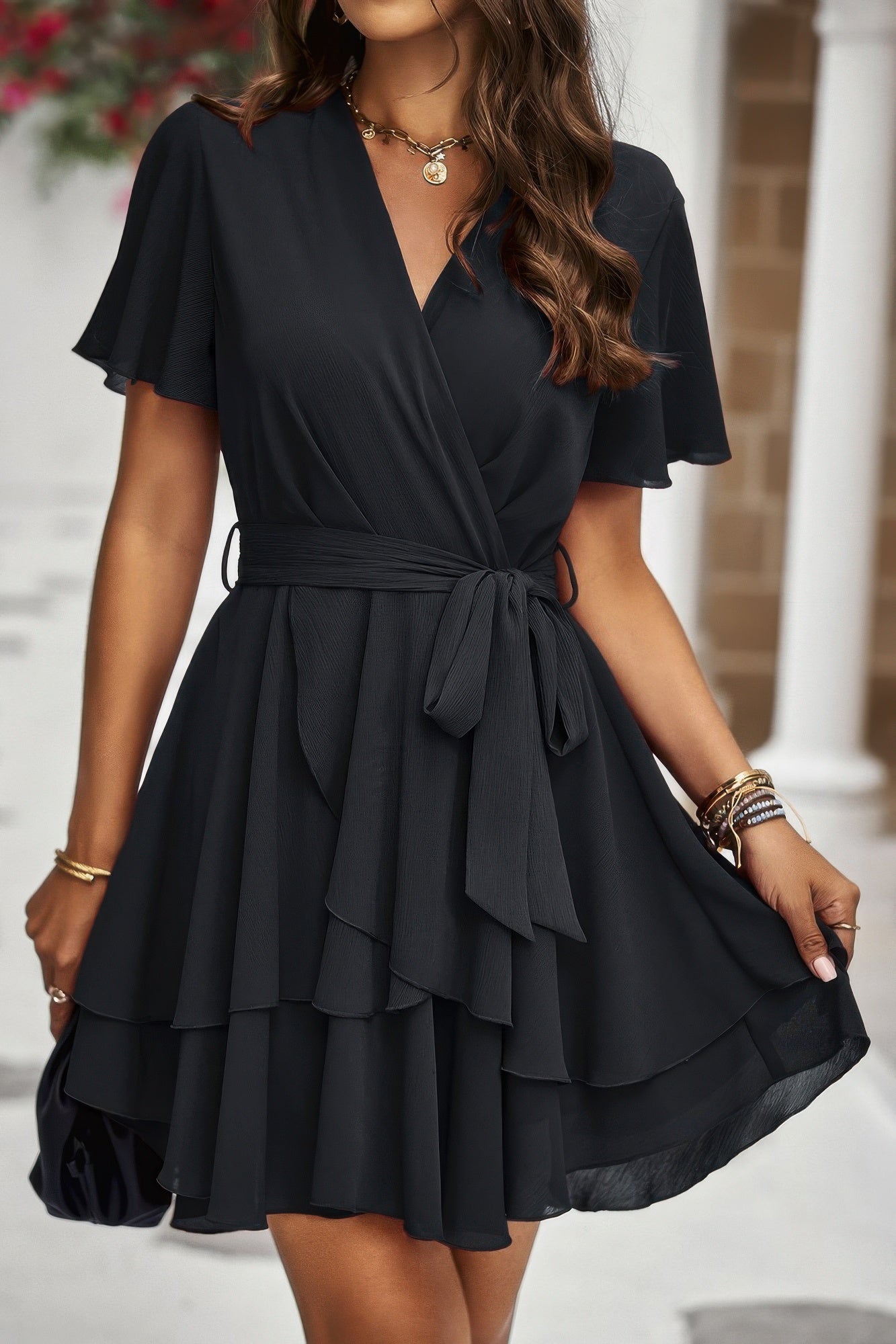 Chiffon Layer Hem Waist Tie Layer Hem Ruffle Dress product image