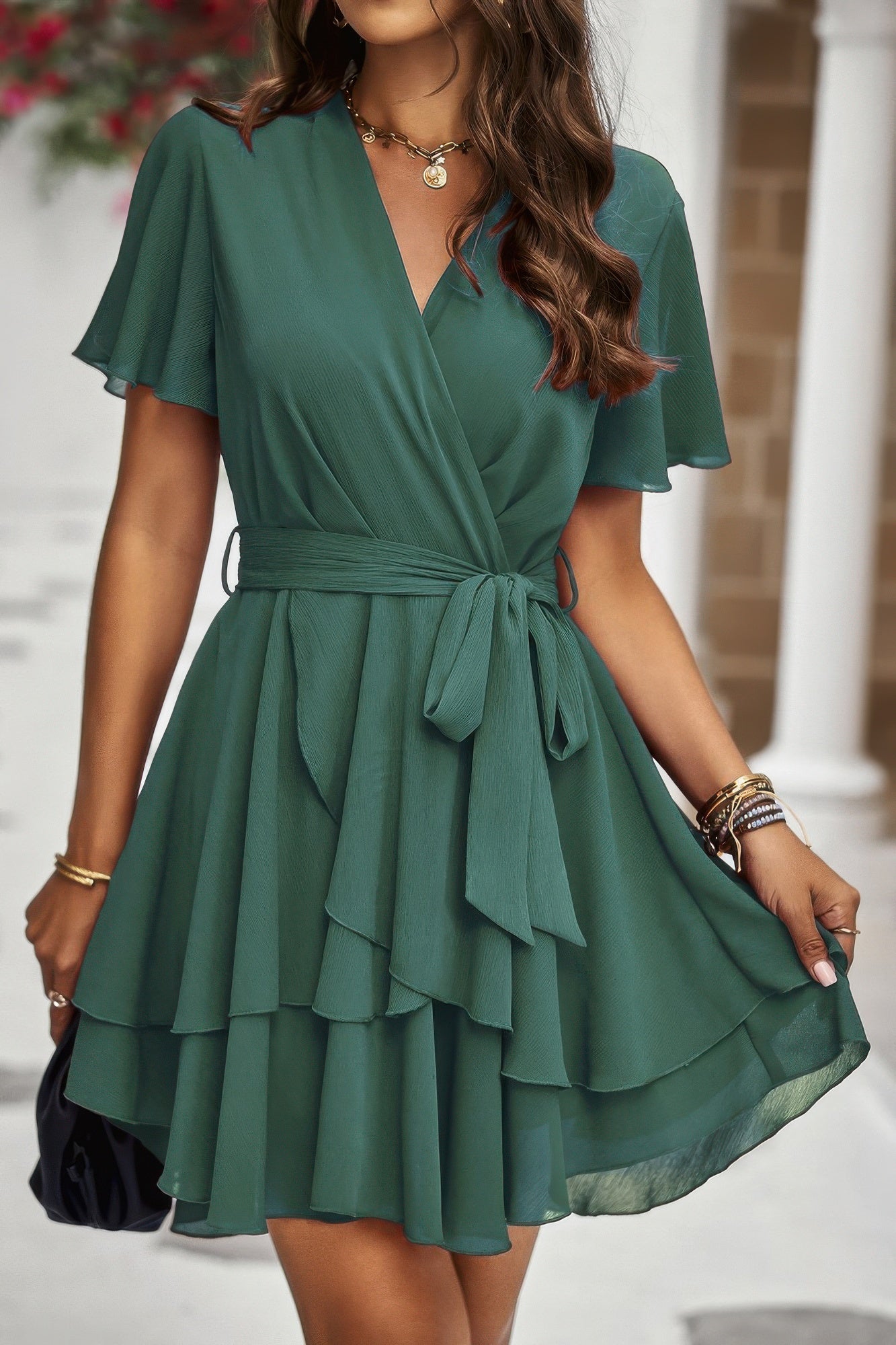 Chiffon Layer Hem Waist Tie Layer Hem Ruffle Dress product image