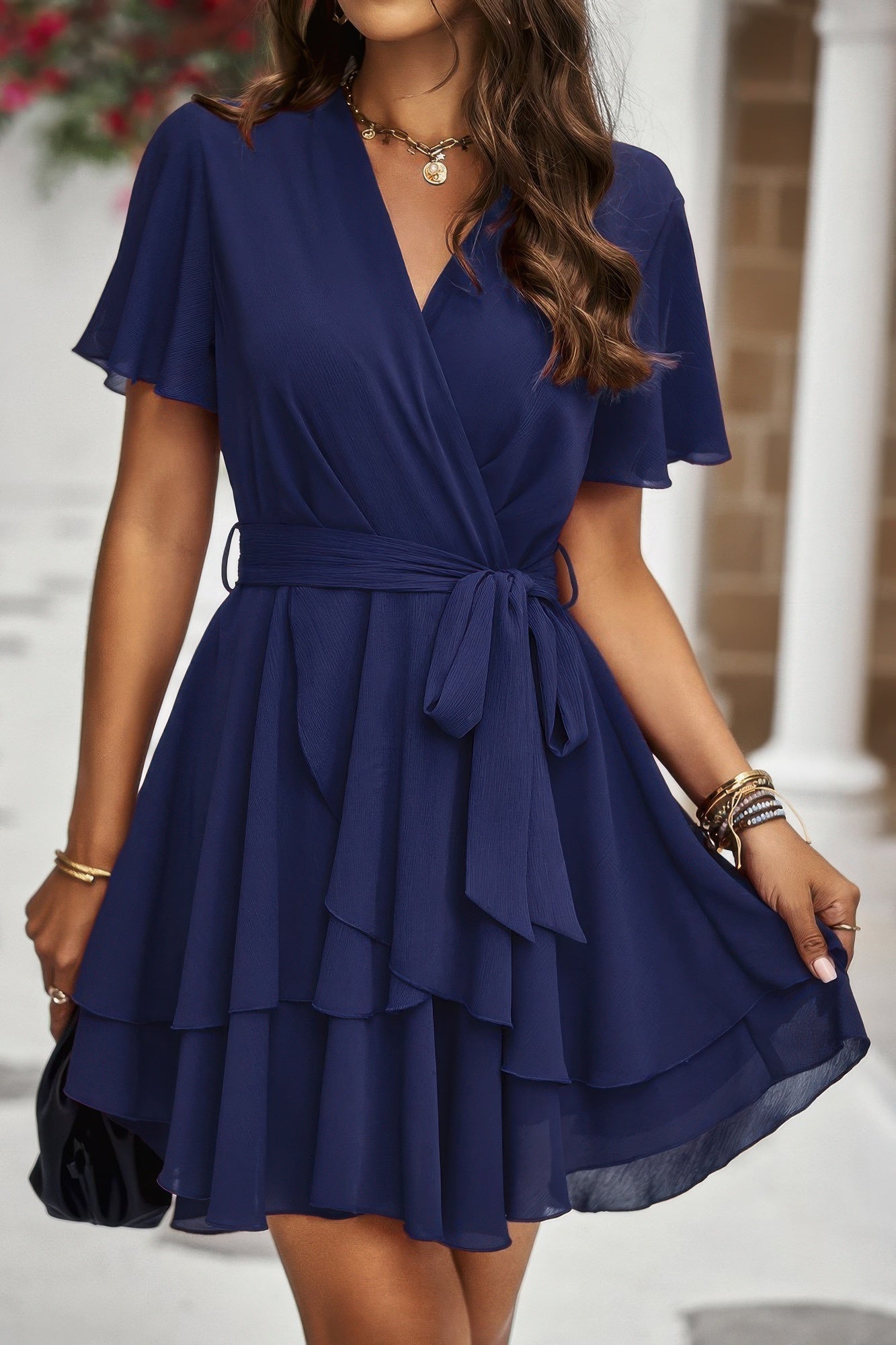 Chiffon Layer Hem Waist Tie Layer Hem Ruffle Dress product image
