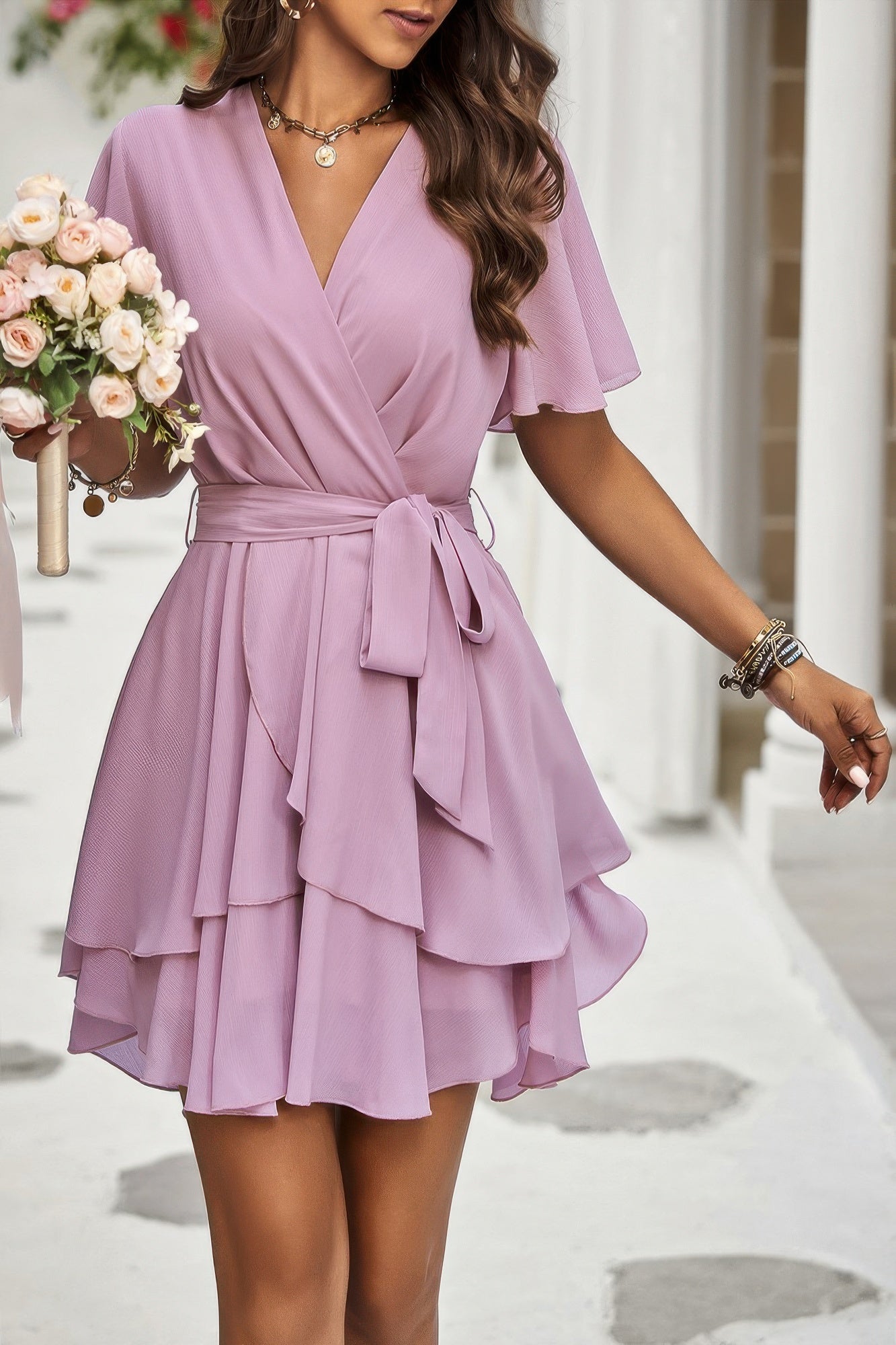 Chiffon Layer Hem Waist Tie Layer Hem Ruffle Dress product image