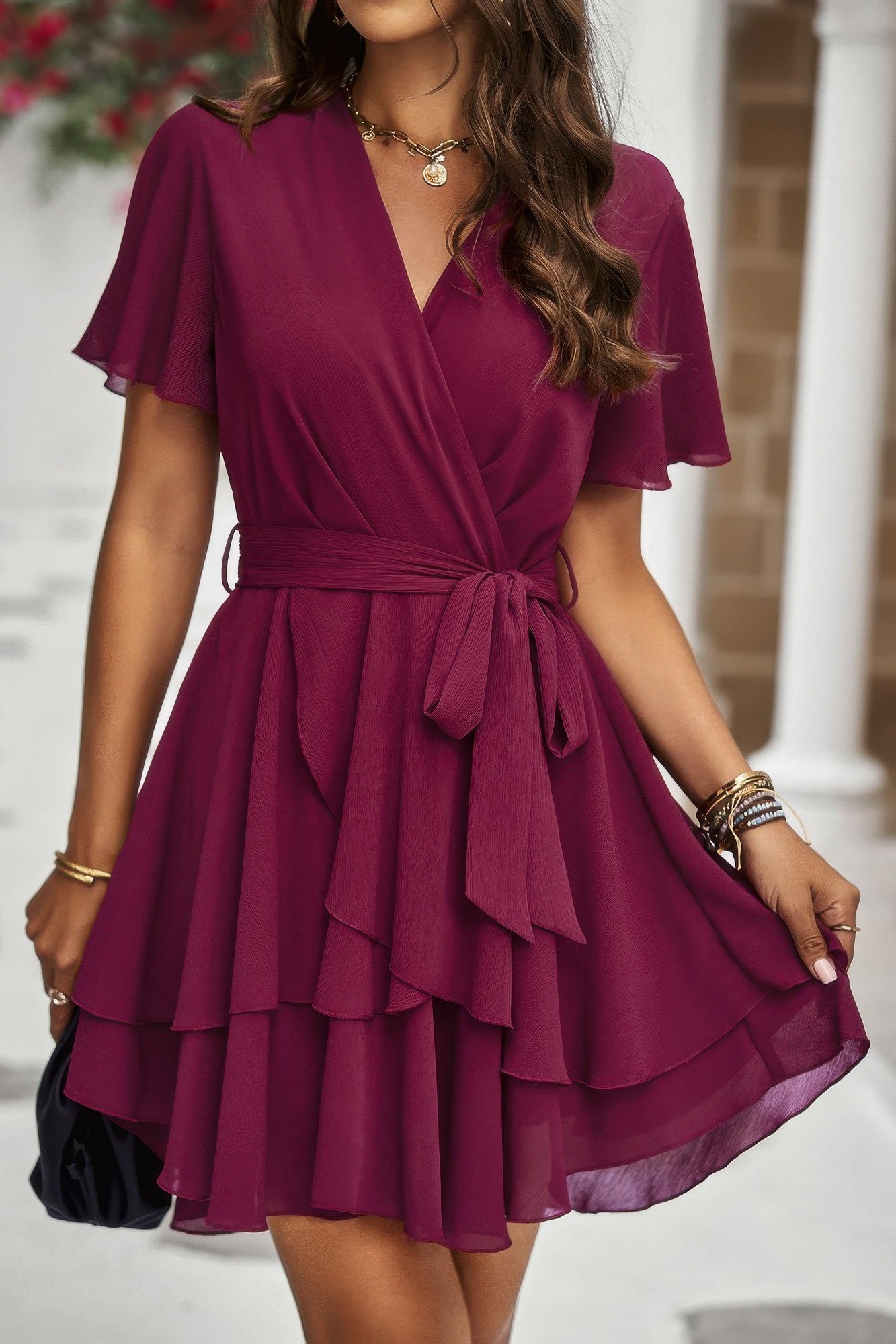 Chiffon Layer Hem Waist Tie Layer Hem Ruffle Dress product image