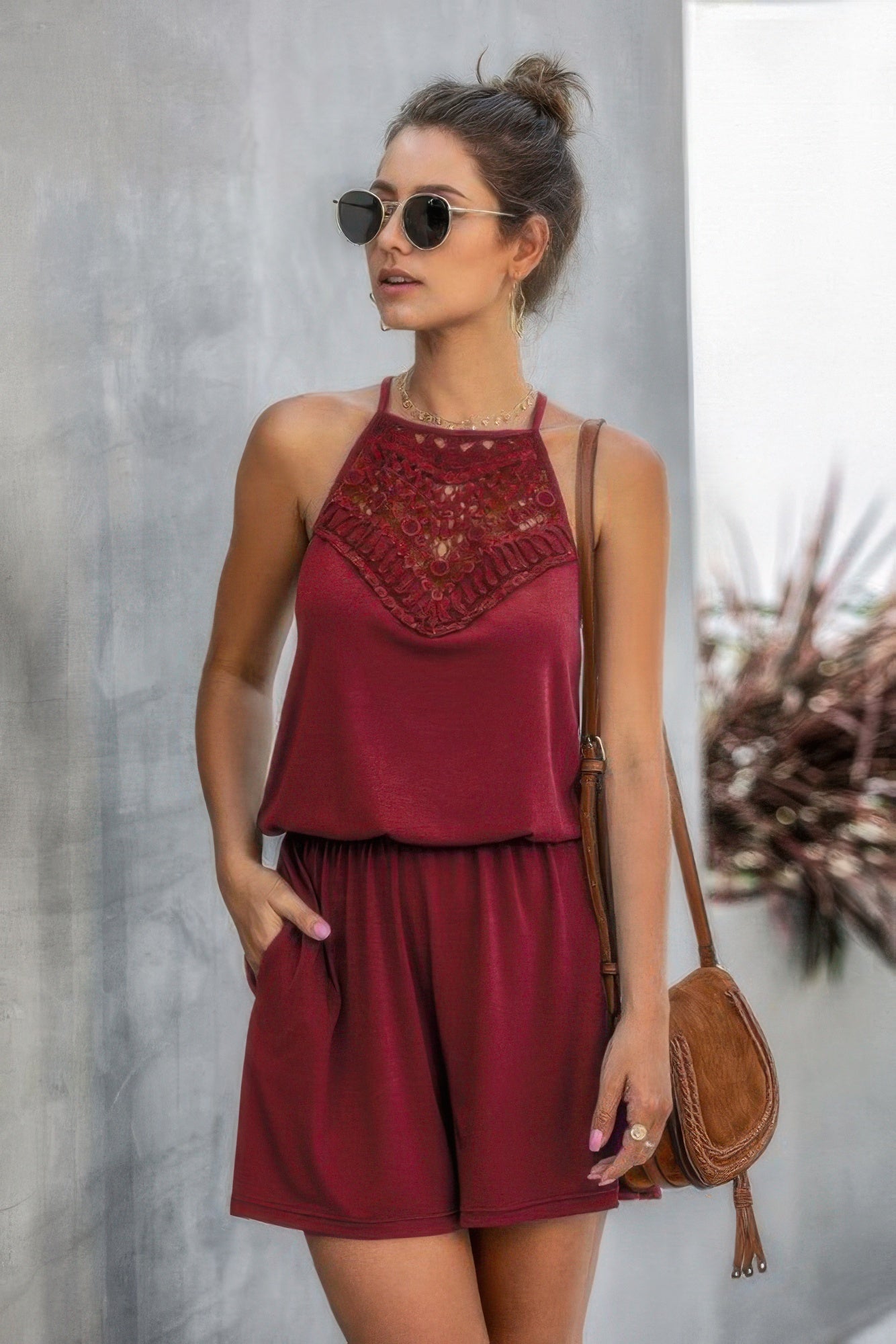 Solid Halter Lace Sleeveless Patchwork Romper product image