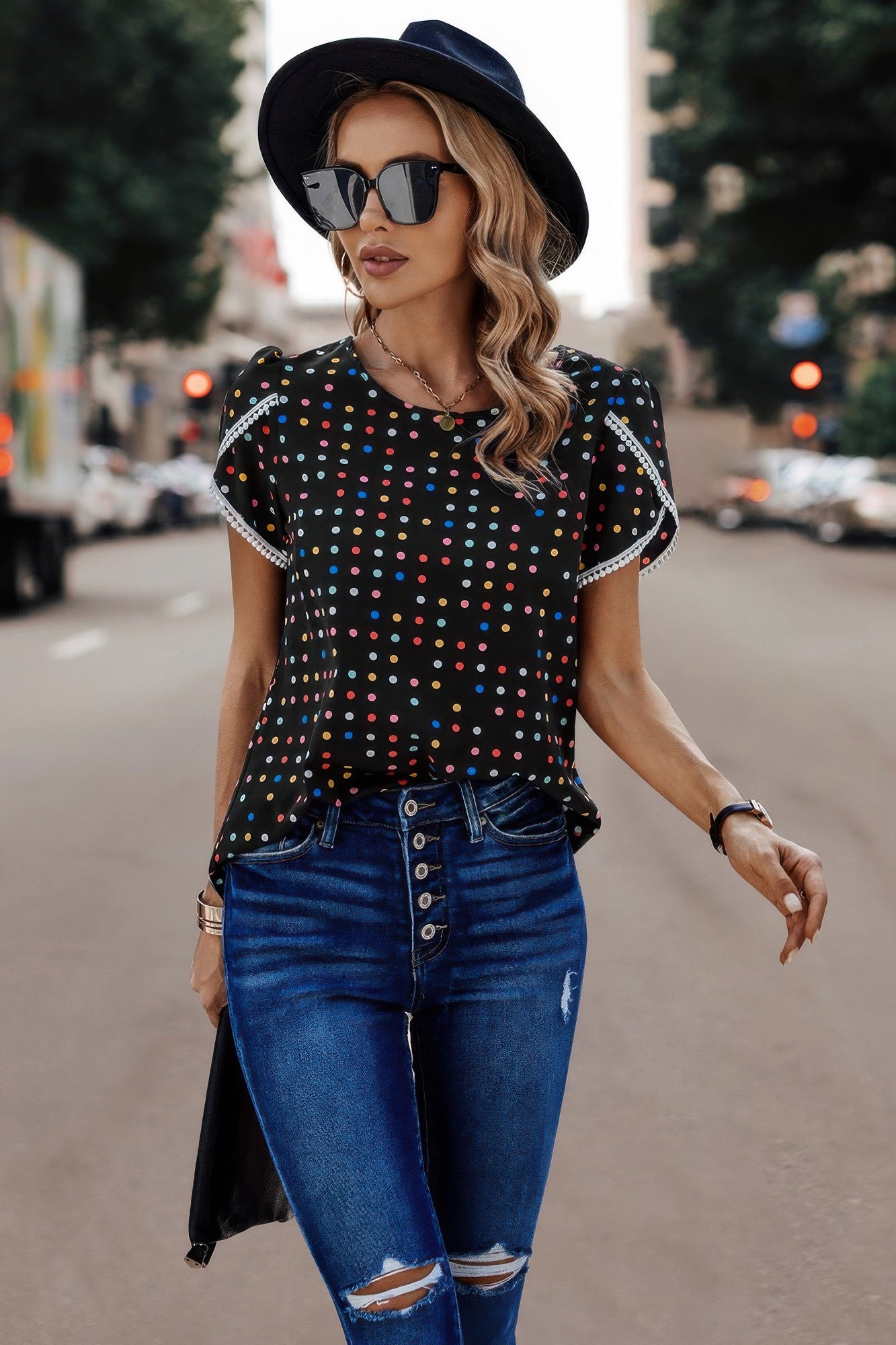 Round Neck Polka Dot Print Petal Sleeve Blouse product image